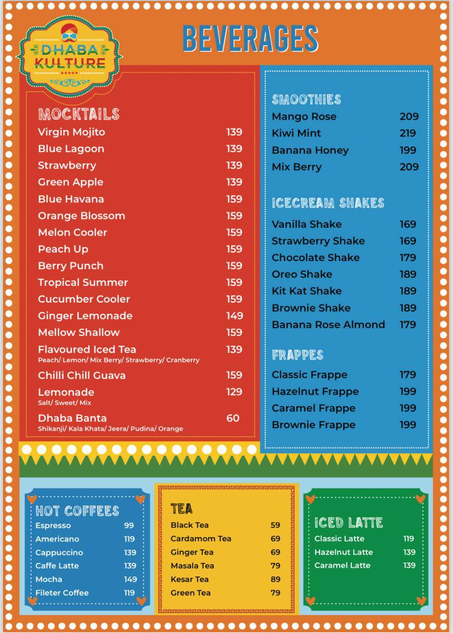 Dhaba Kulture Family Restaurant Banquet Halls Vegetarian Restaurant menu