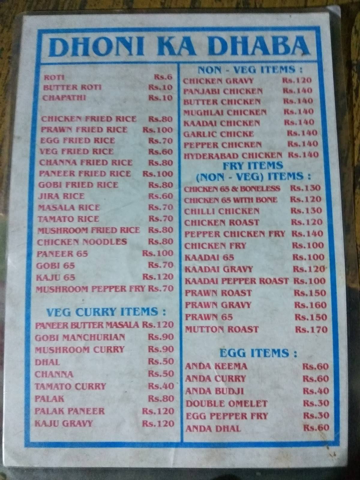 Dhoni ka Dhaba menu