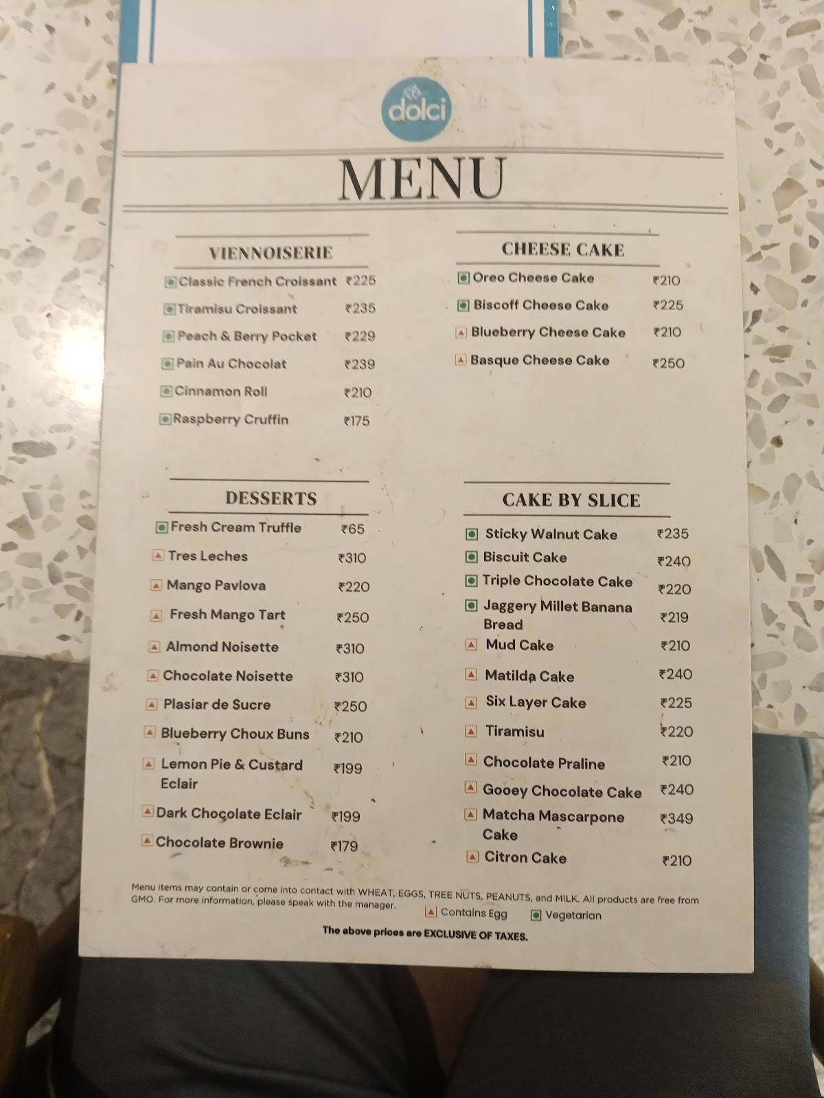 Dolci - Cunningham Road menu