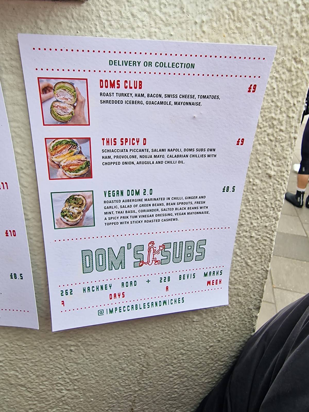 Menu at Dom's Subs restaurant, London, 262 Hackney Rd