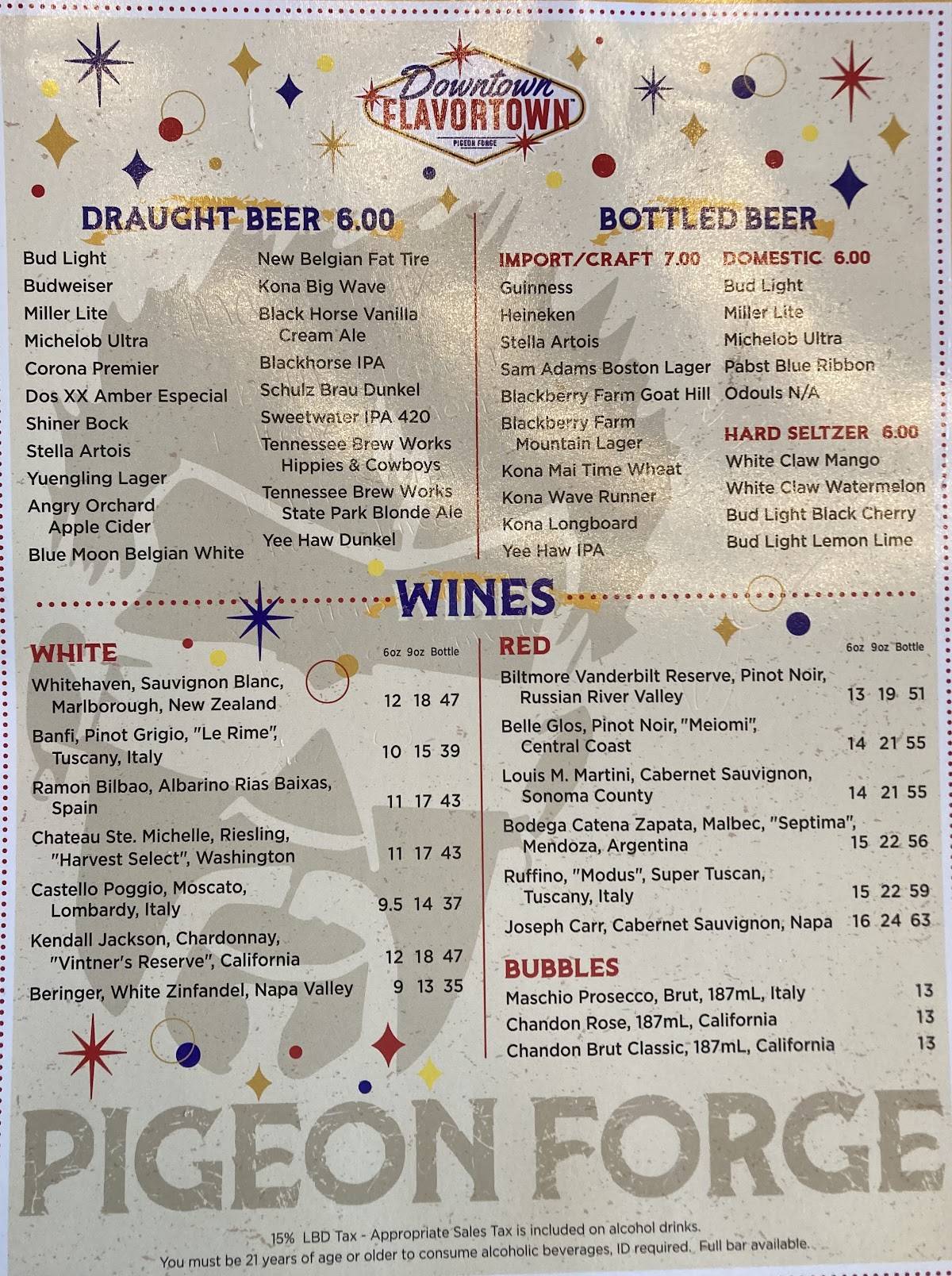 Menu at Downtown Flavortown restaurant, Pigeon