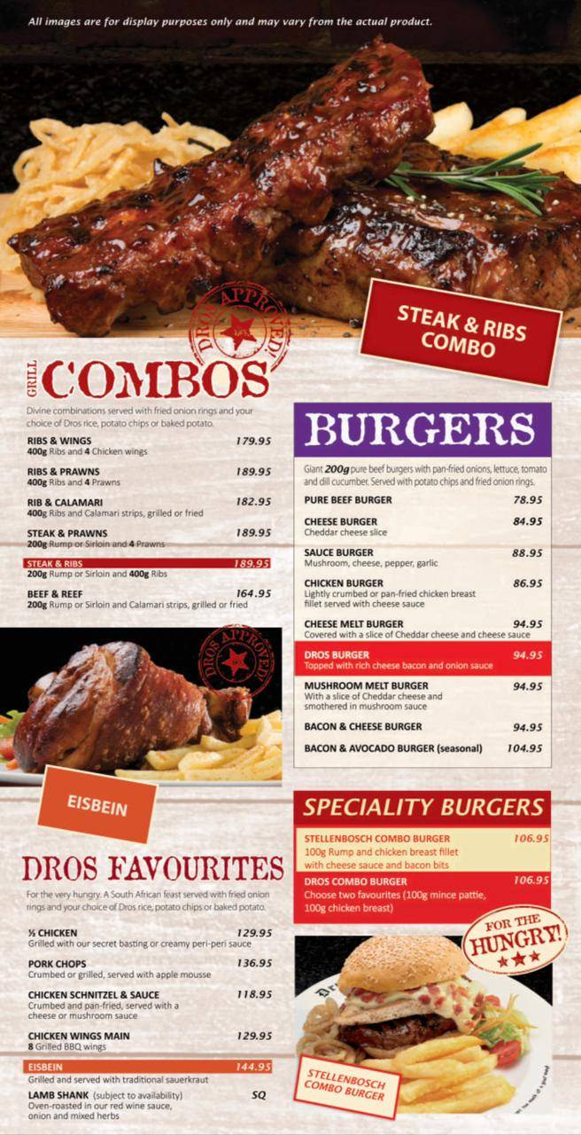 Menu at Dros Kyalami restaurant, Midrand