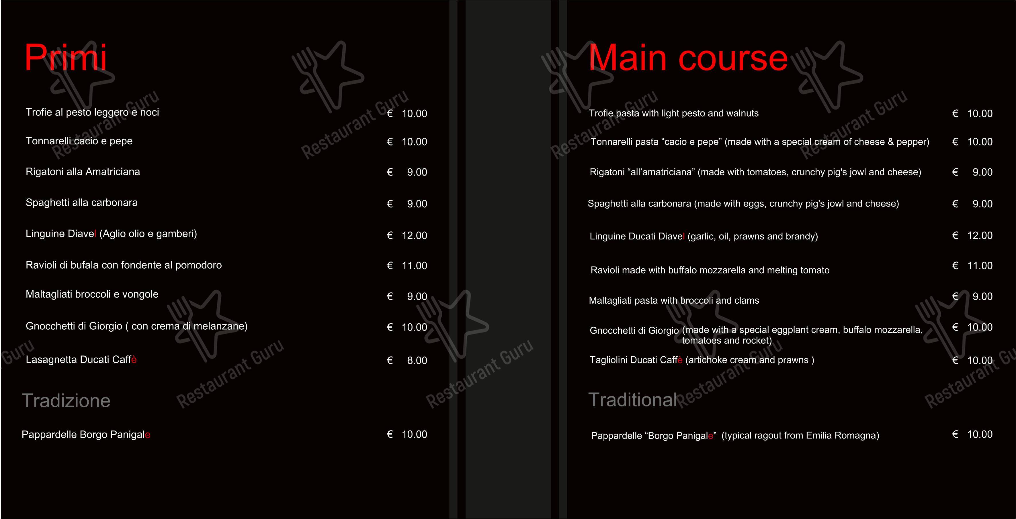 Ducati Caffè in Roma - Menu bar