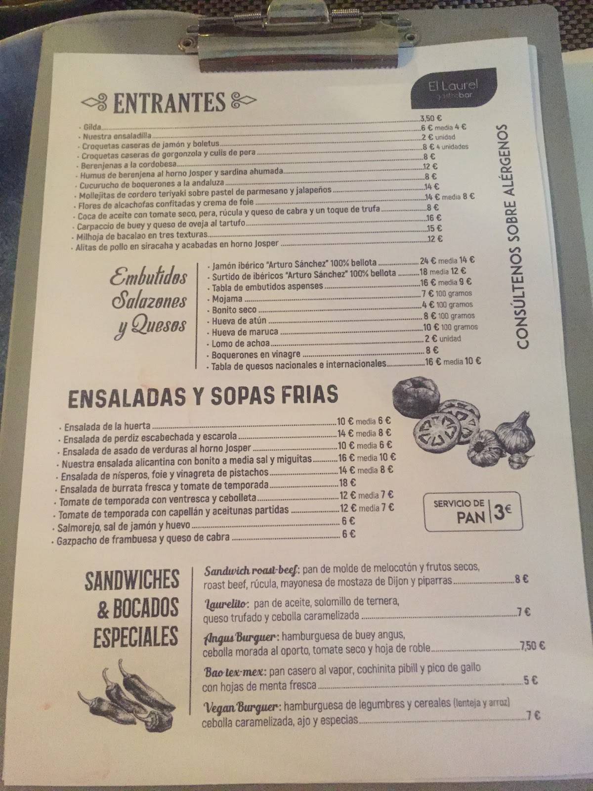 Carta de Restaurante EL LAUREL, Alicante, Av. Santander