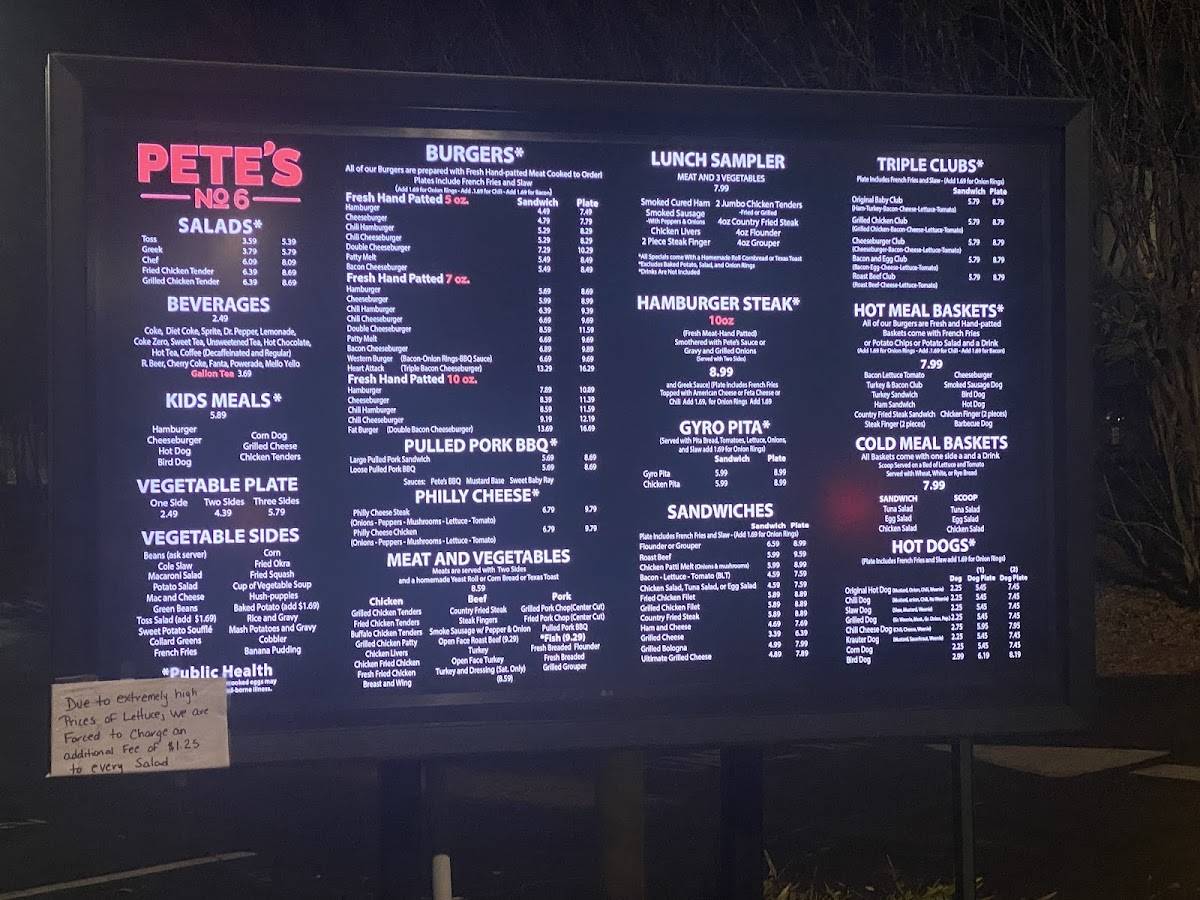 Menu at Pete's Drive In restaurant, Easley