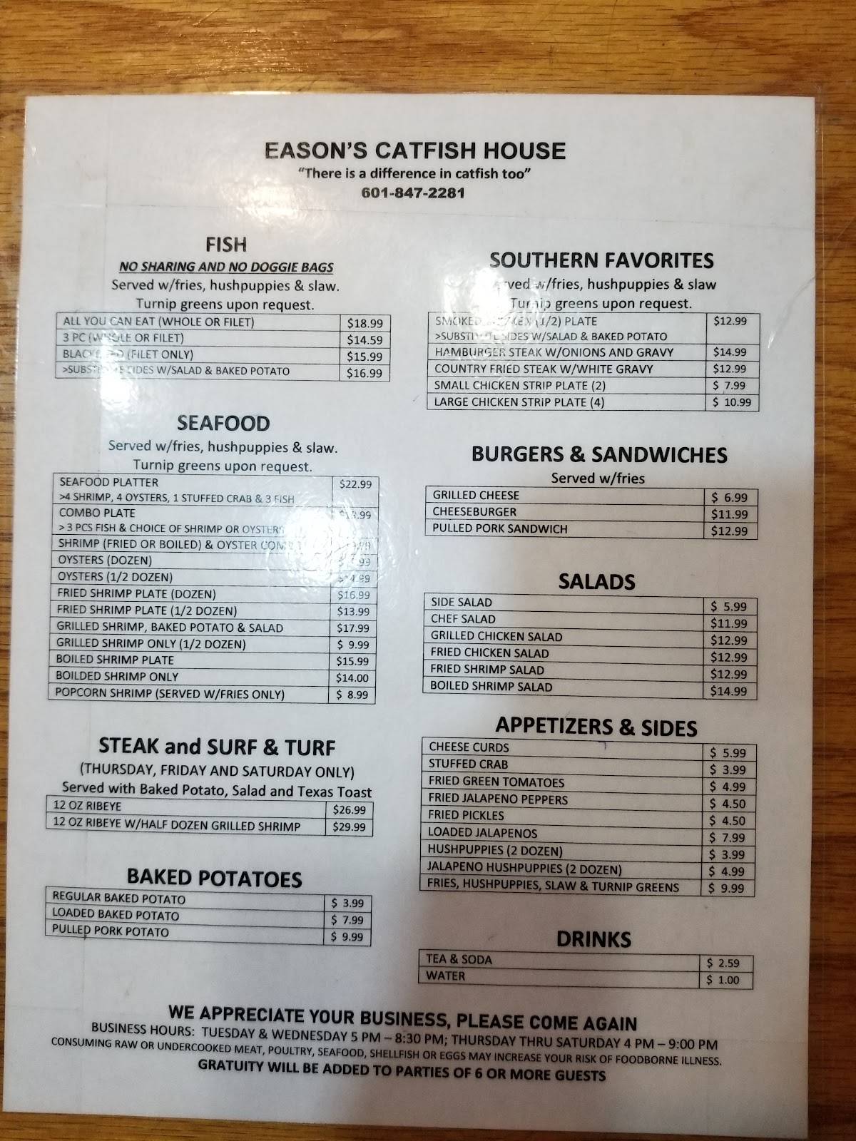 Menu at Easons Catfish House restaurant, Mendenhall, 200 Merit Rd
