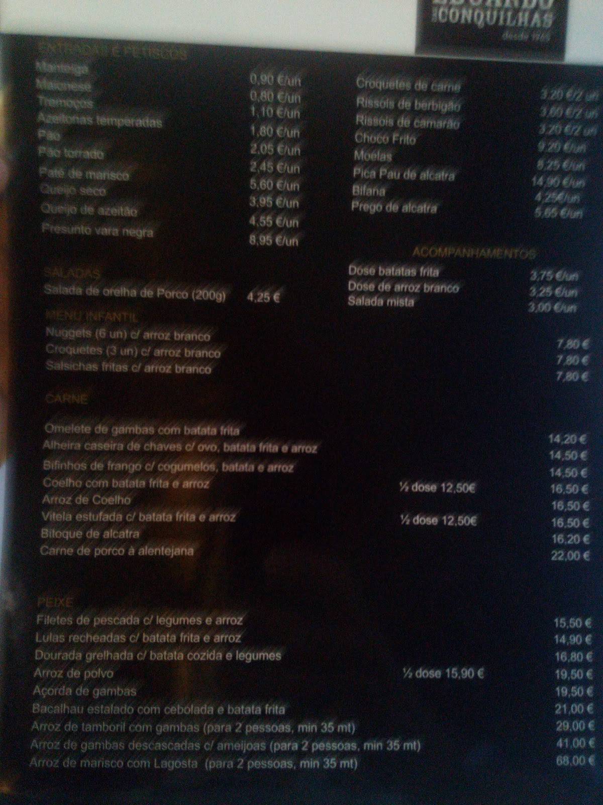 Menu Em Eduardo Das Conquilhas Pub Bar Parede