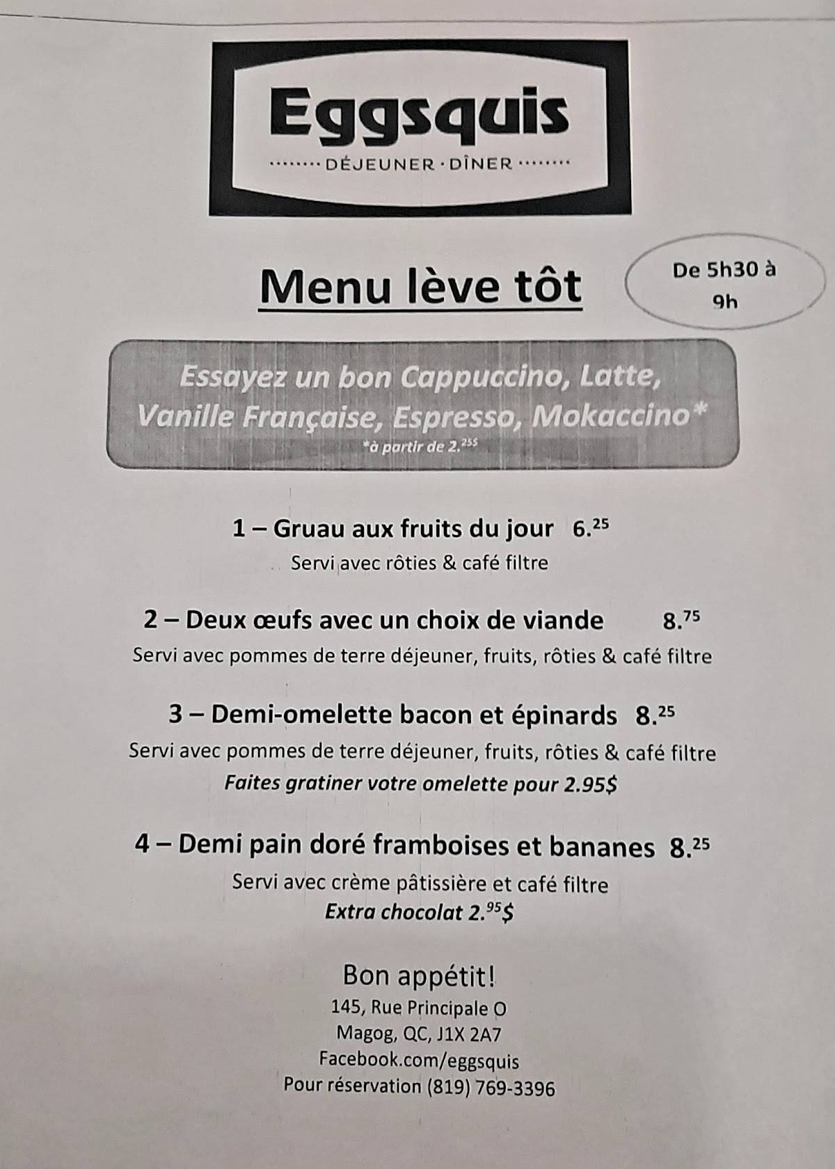Menu de Eggsquis Magog