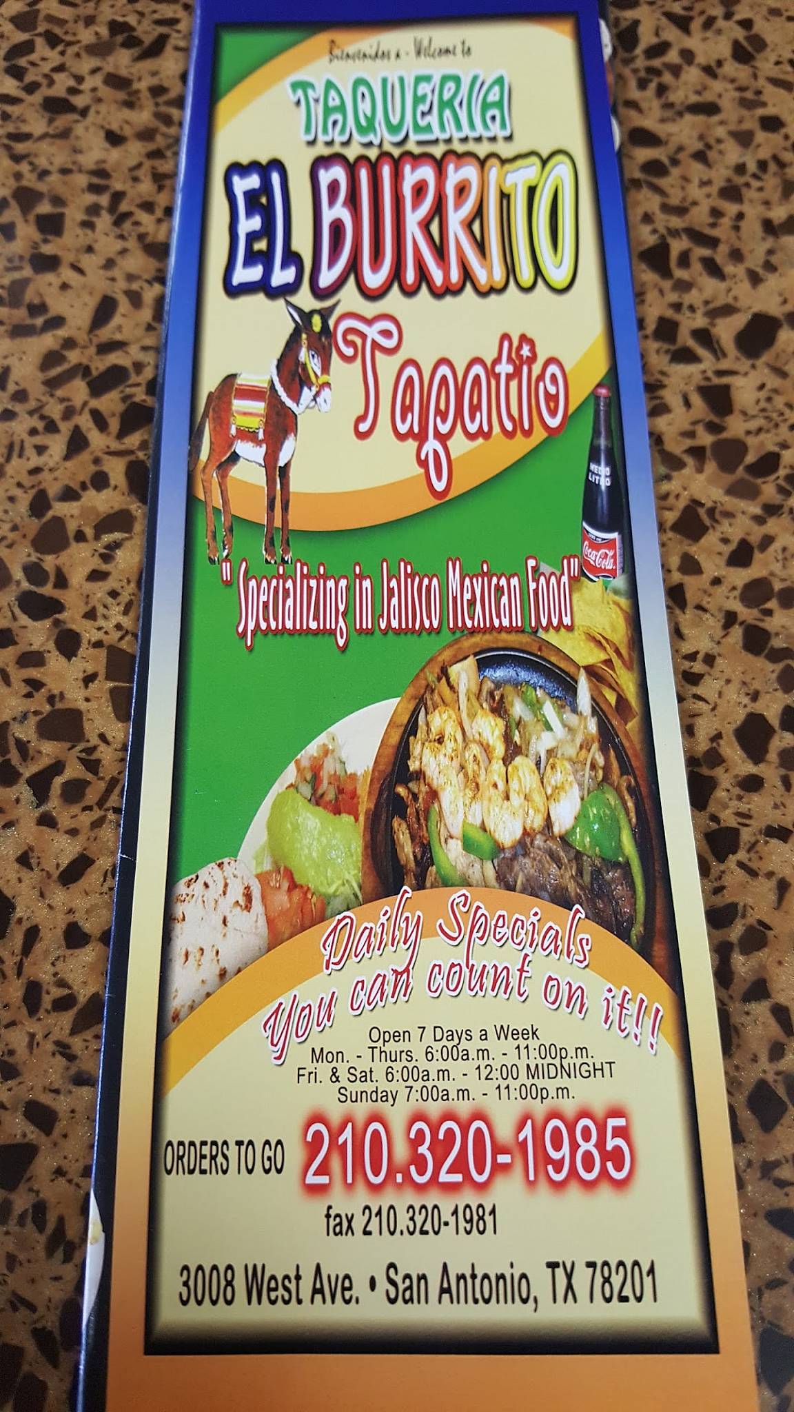 Menu at El Burrito Tapatio restaurant, San Antonio, West Ave