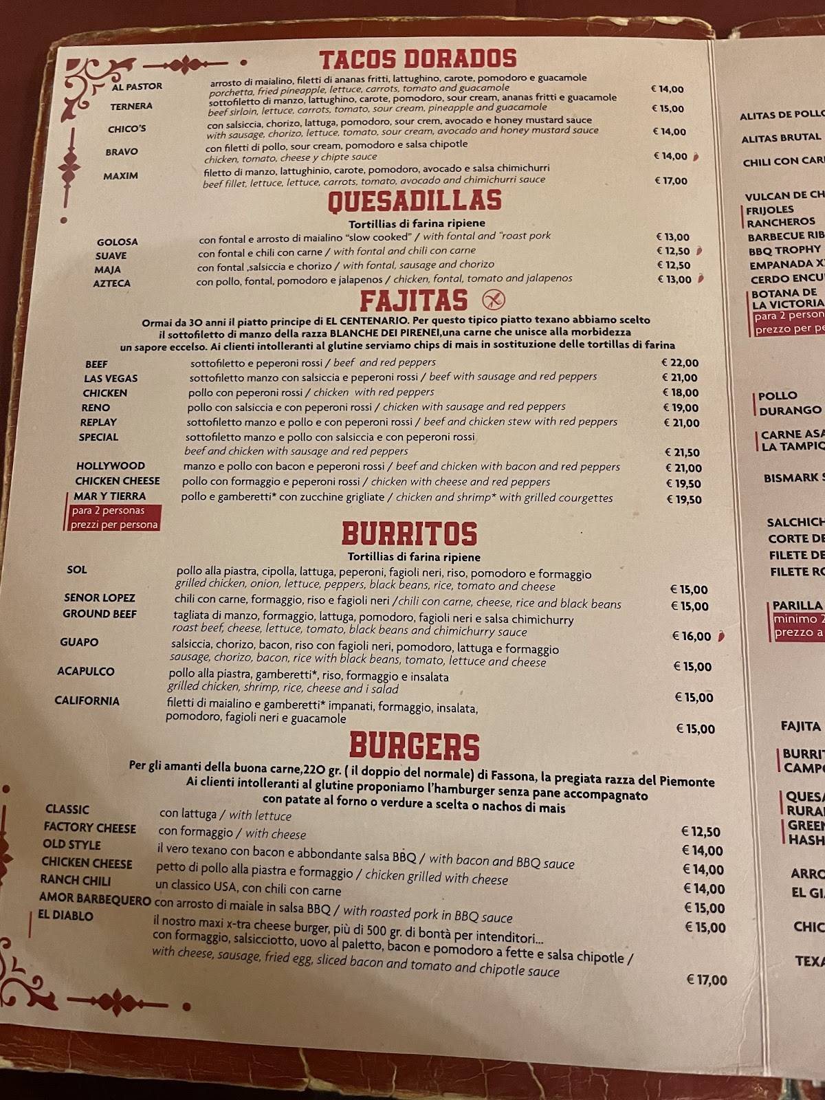 Menu di El Centenario 