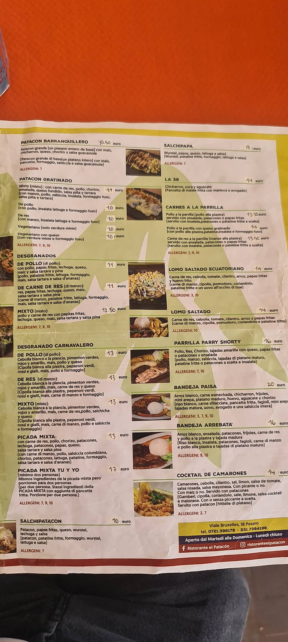 Menu di El Patacón 