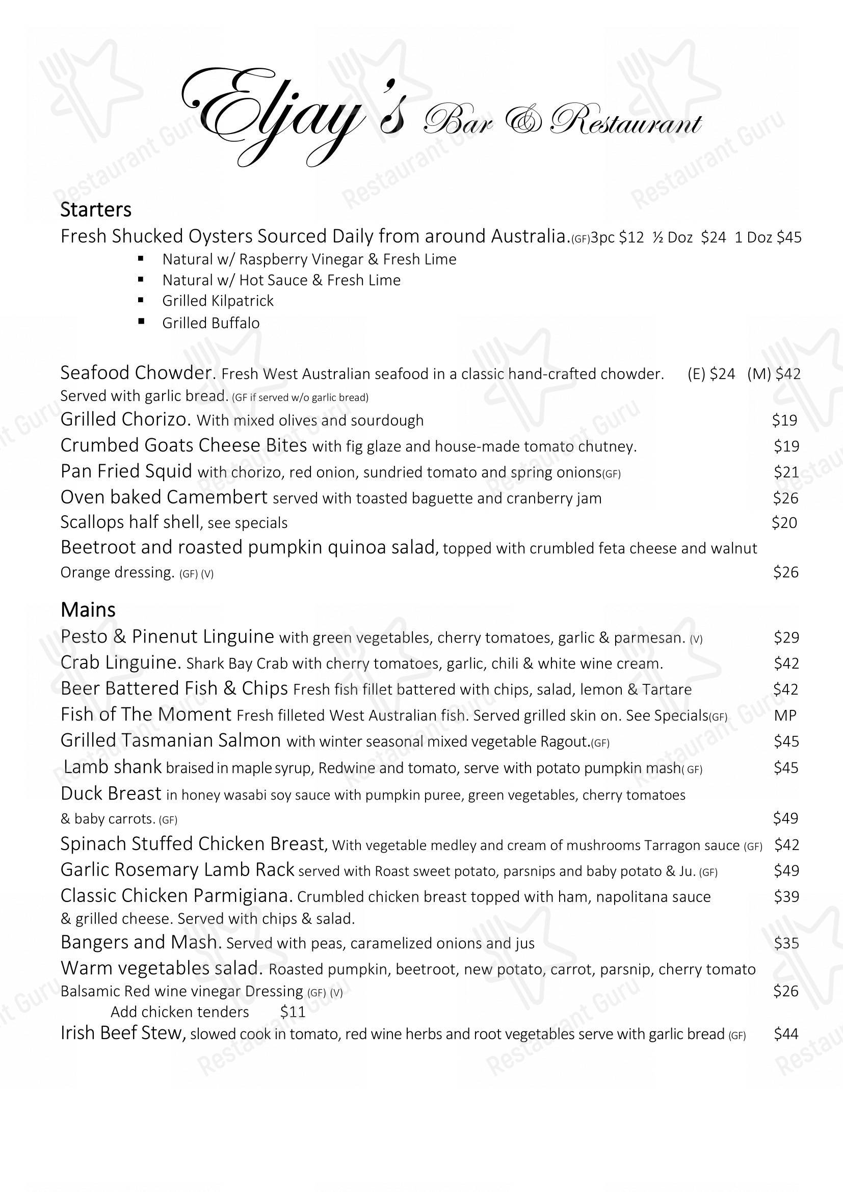 Menu at Eljays Restaurant, Esperance