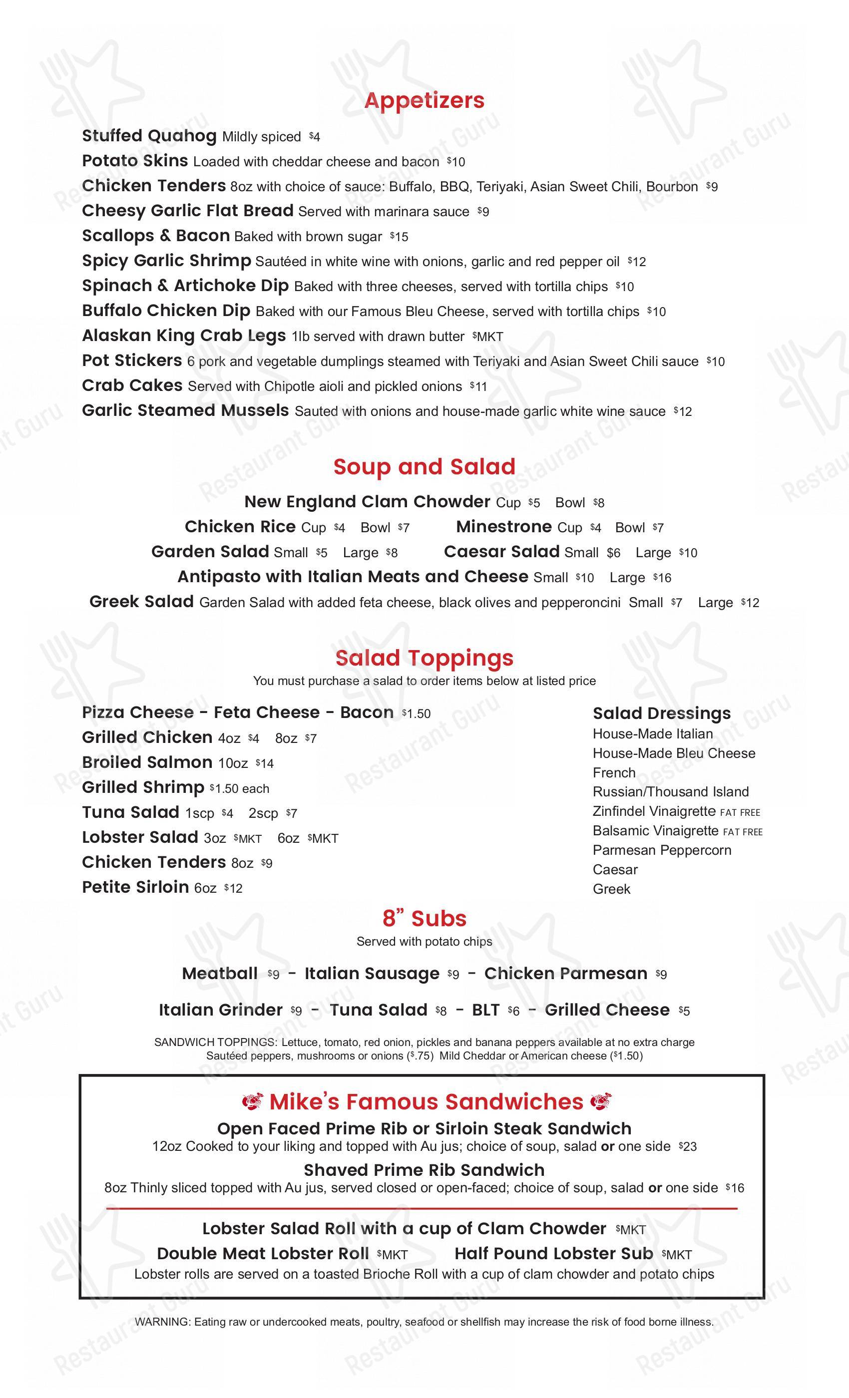 Menu at Mike's Restaurant, Fairhaven