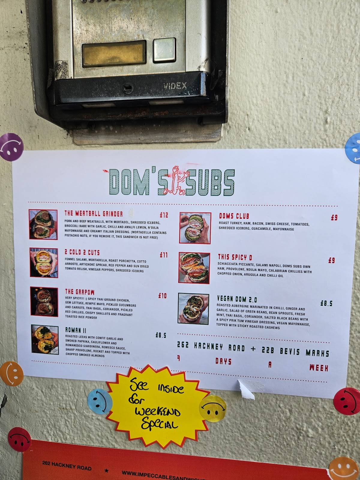 Menu at Dom's Subs restaurant, London, 262 Hackney Rd