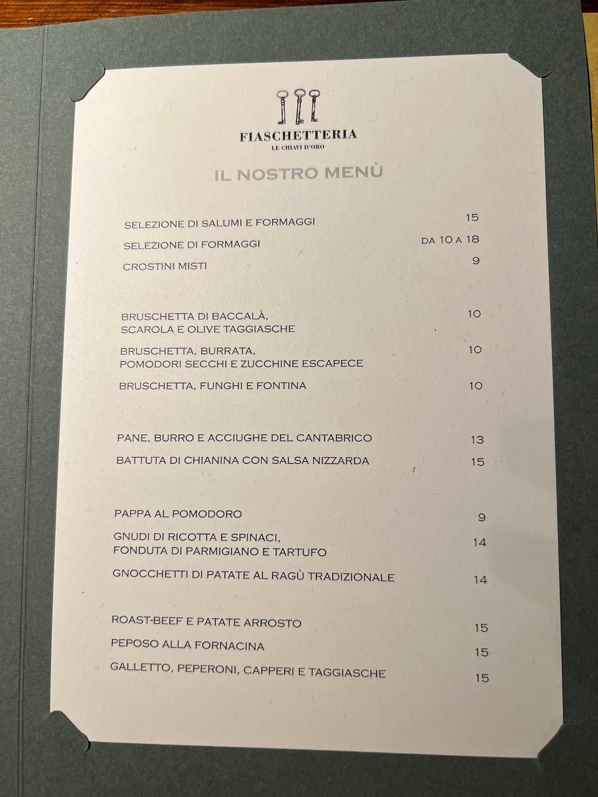 Menu di Fiaschetteria Le Chiavi D’oro