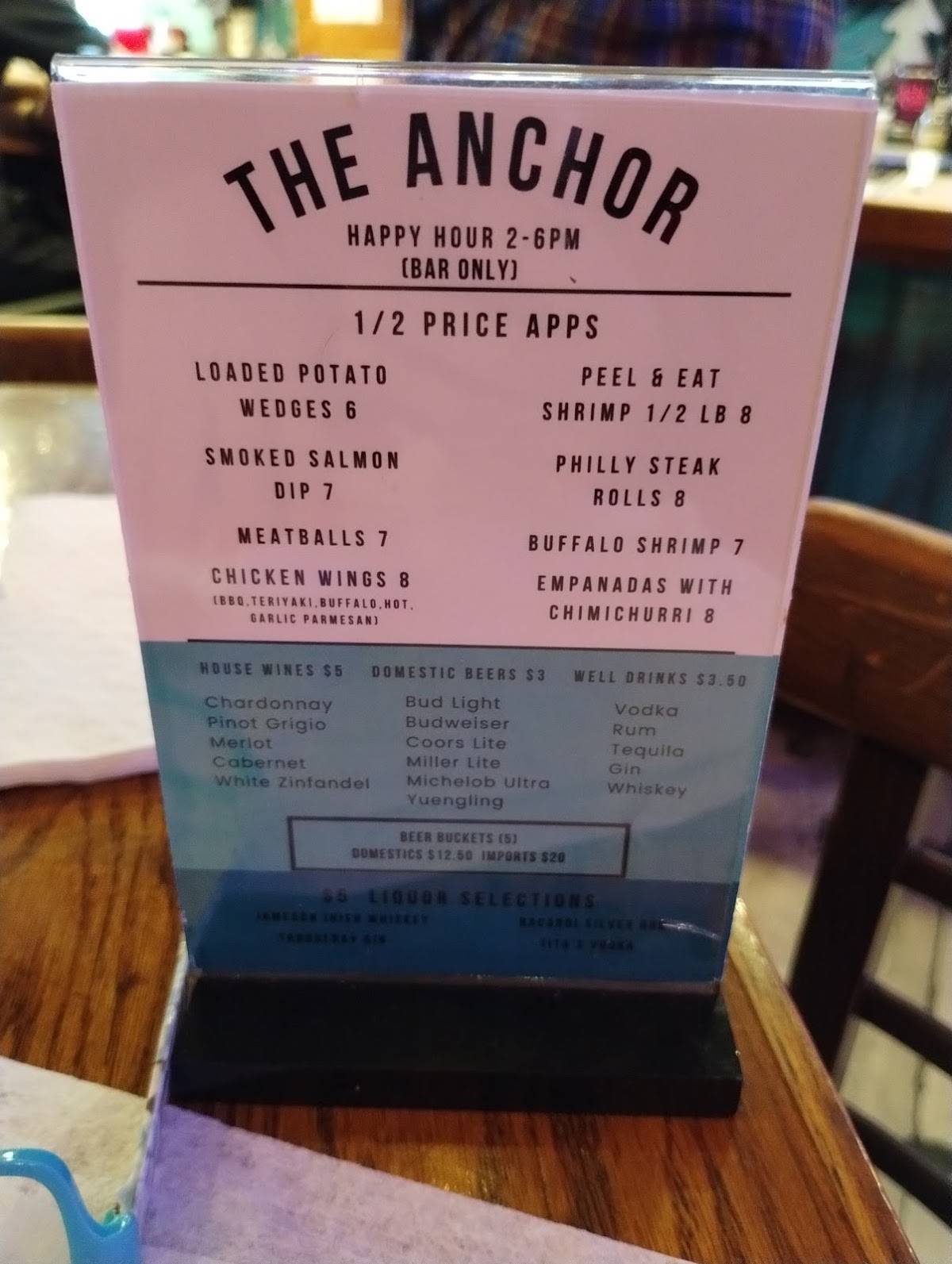 Menu at The Anchor restaurant, Flagler Beach