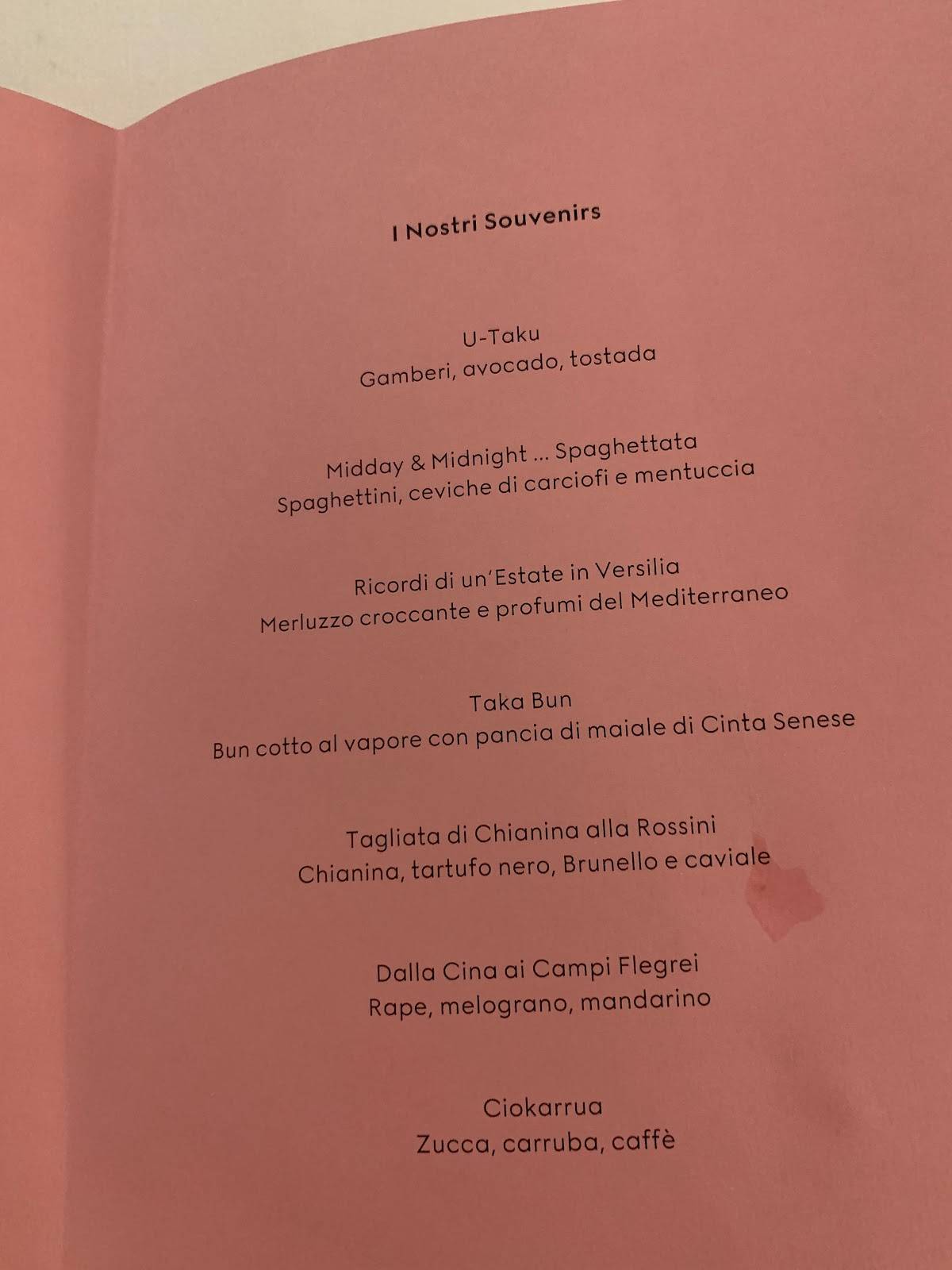 Menu at Gucci Osteria da Massimo Bottura restaurant Florence