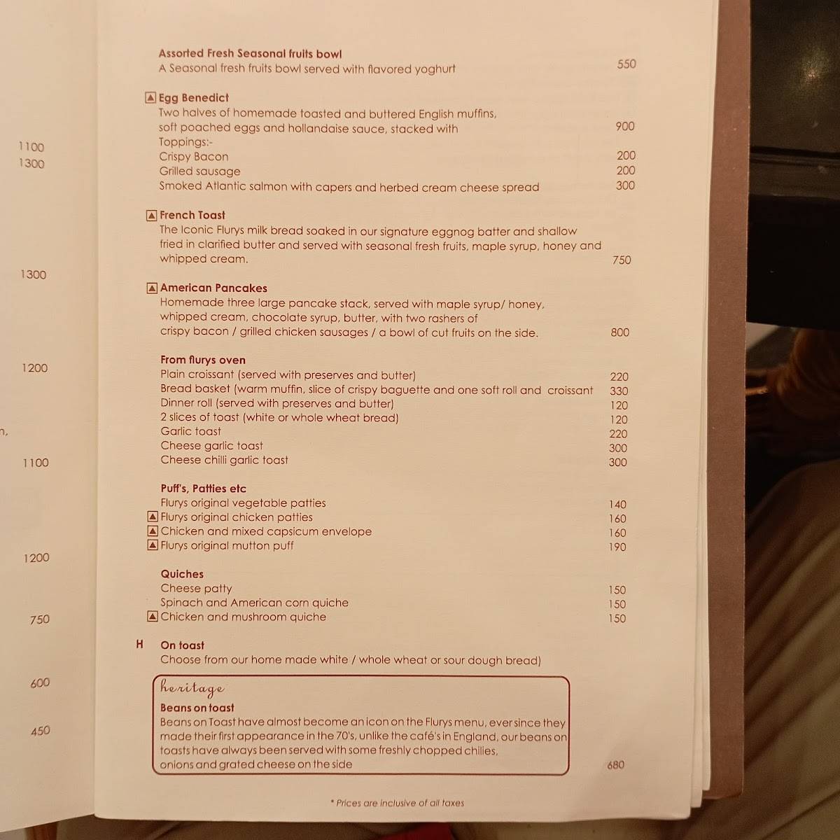 Flurys menu