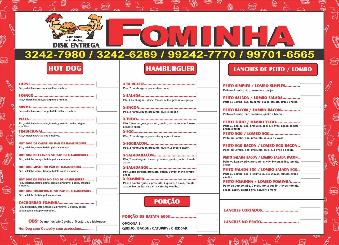 Fominha Lanches e Hot-Dog cardápio