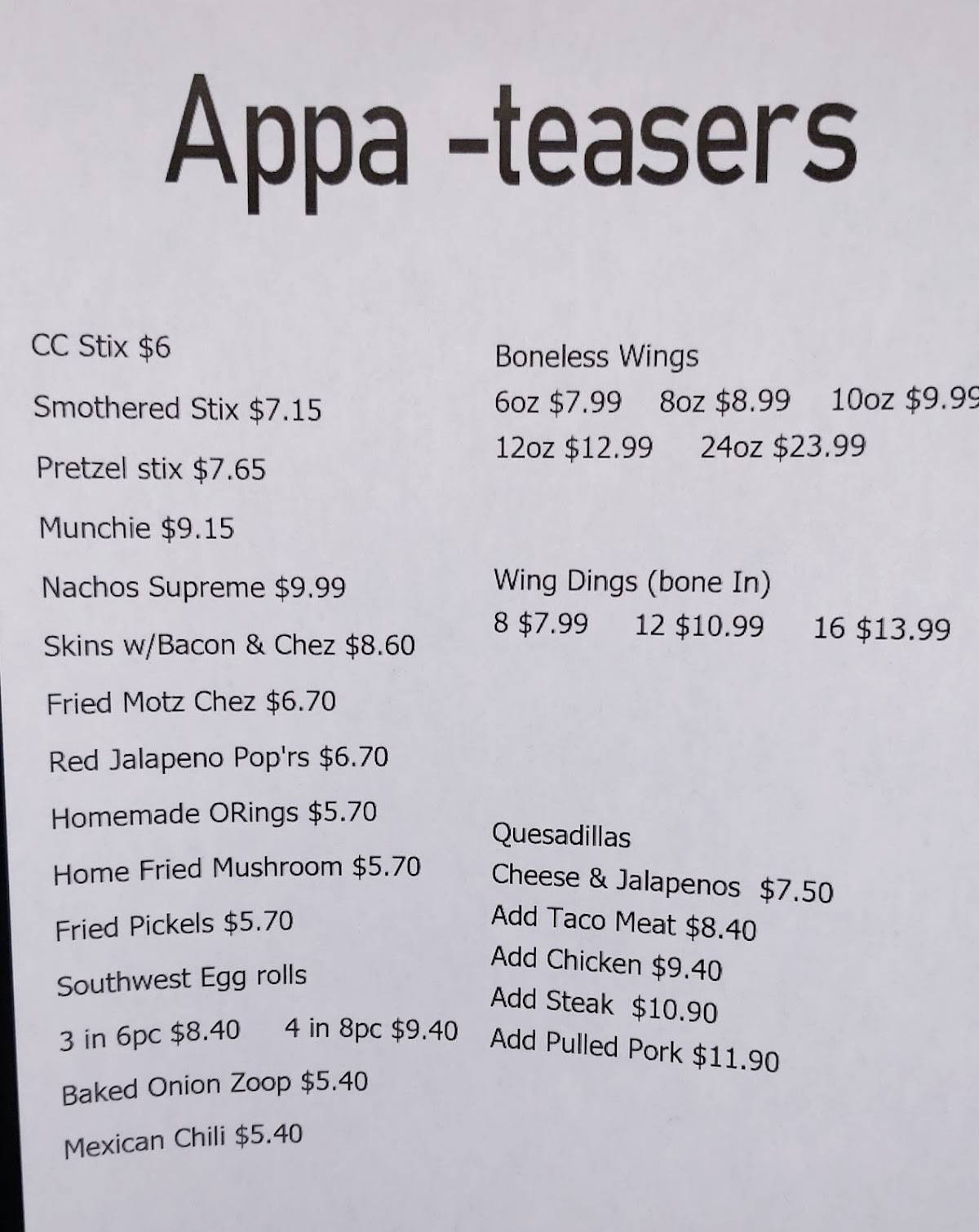 Menu at Cheap Charlie's steakhouse, Fort Gratiot Township