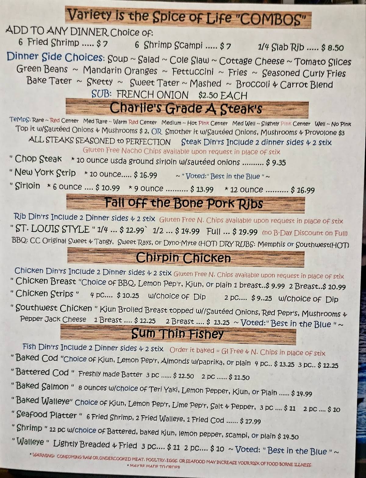 Menu at Cheap Charlie's steakhouse, Fort Gratiot Township