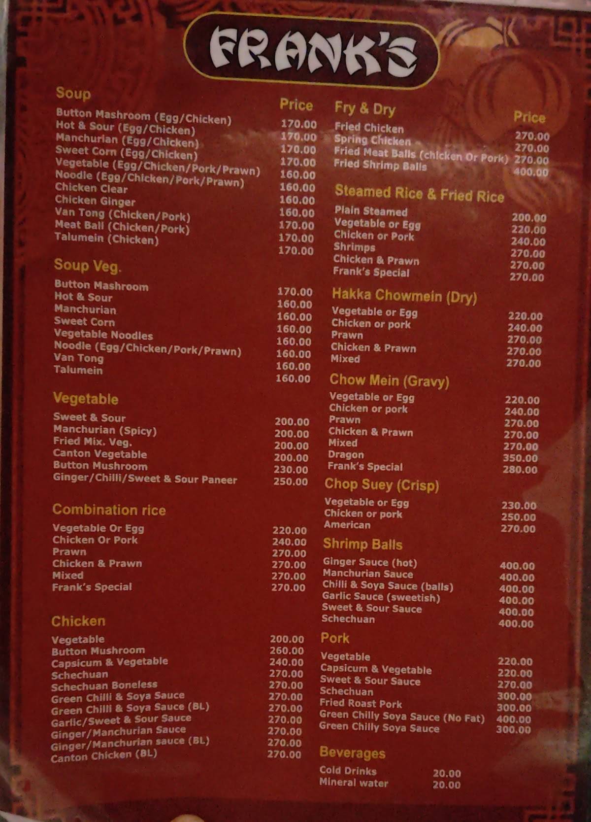 Frank's Chinese Restaurant menu