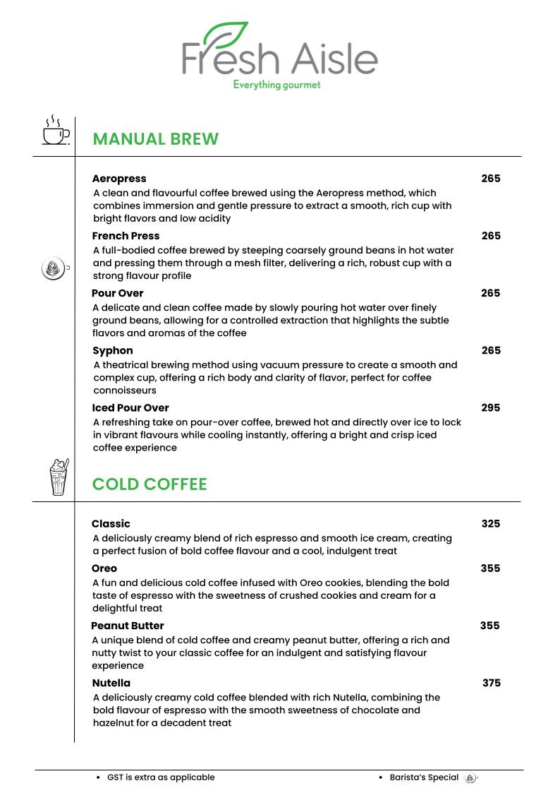 Fresh Aisle Cafe menu