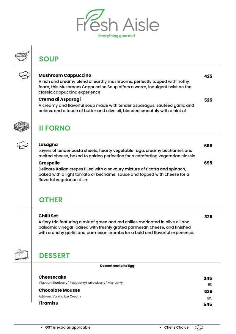 Fresh Aisle Cafe menu