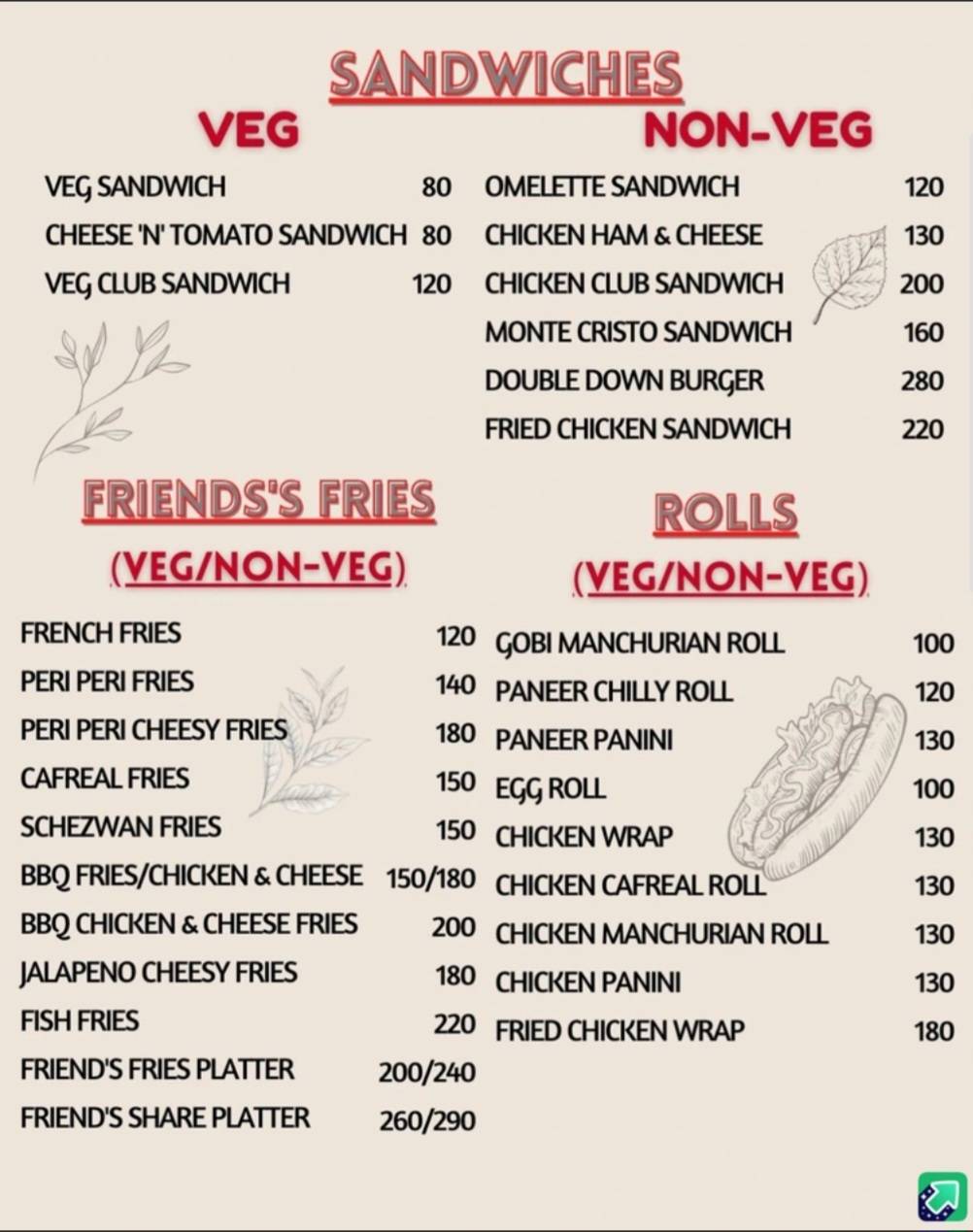 Friend's Corner Café menu