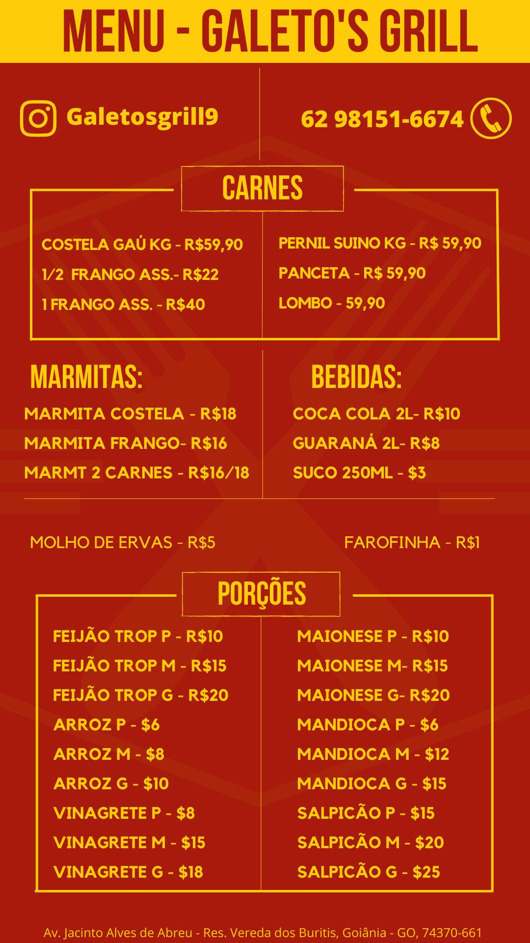 Restaurante GALETOS GRILL cardápio