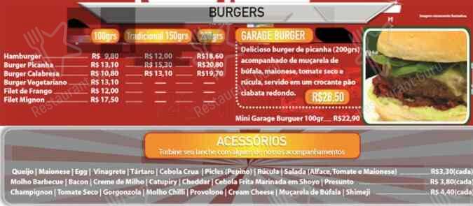 Traditional Garage Burger - Tatuapé cardápio