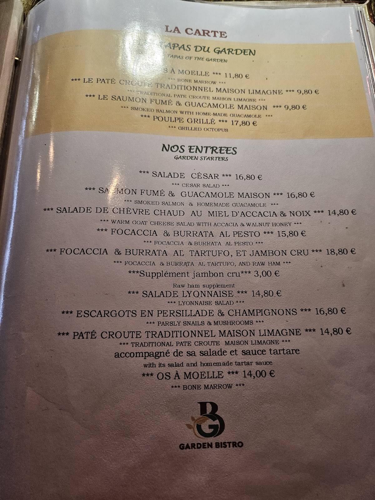 Menu de Garden Bistro - Restaurant Français Rue Mercière