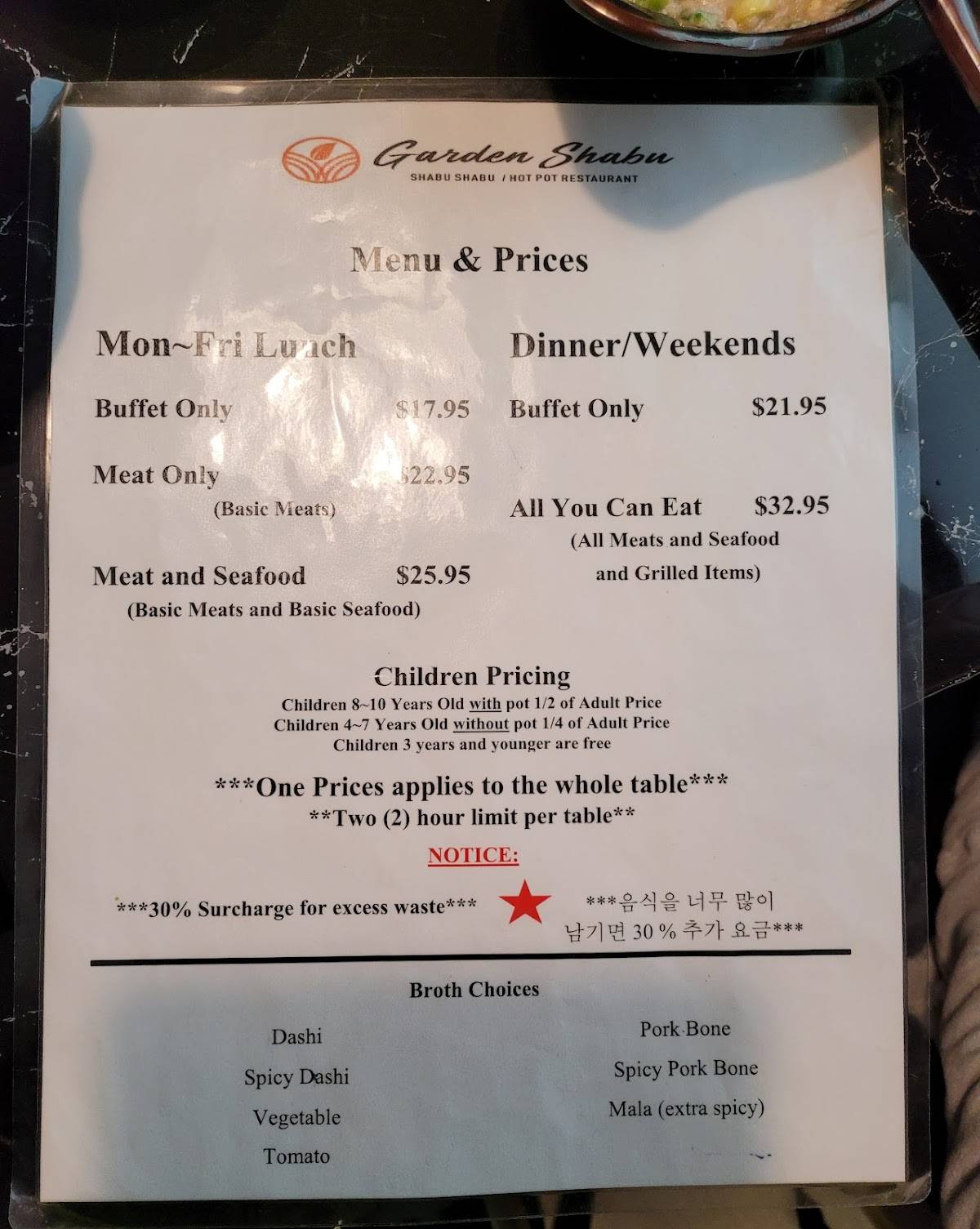 Menu at Garden Shabu/Hot Pot & Grill steakhouse, Little Ferry
