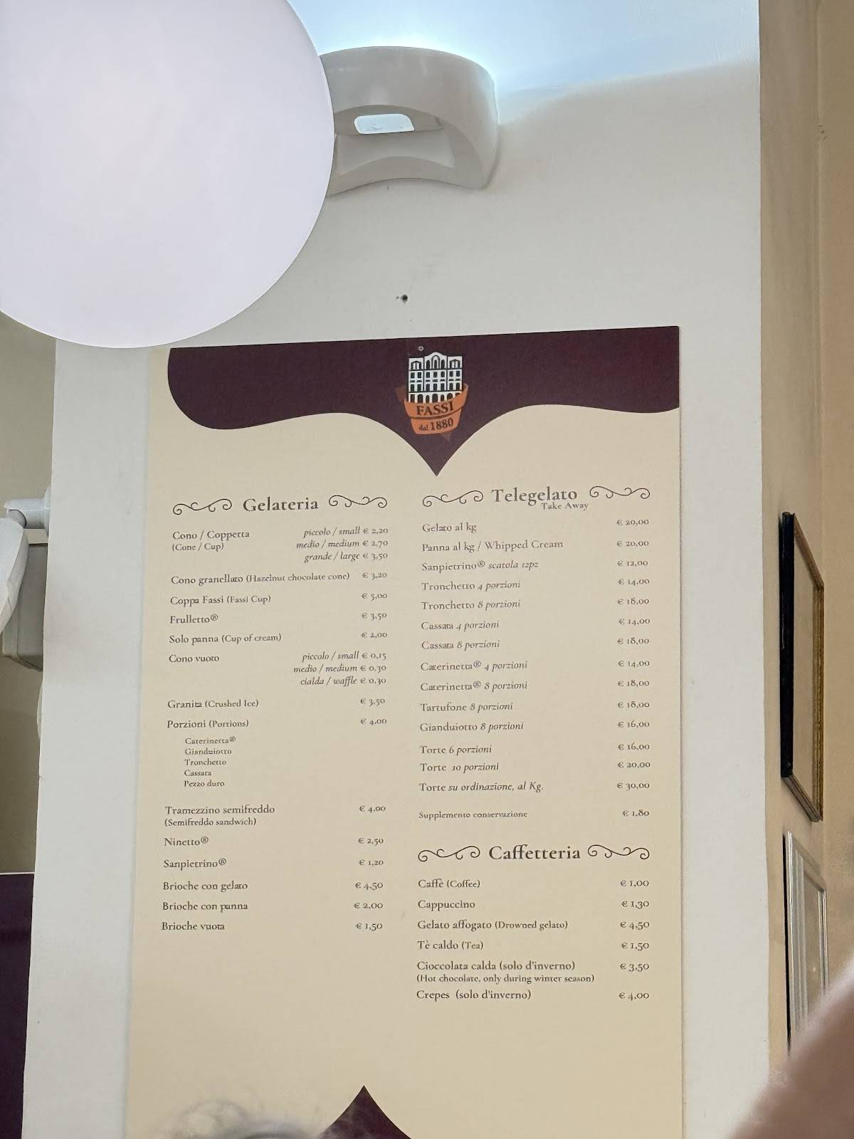 Menu di Gelateria Fassi - Gelato artigianale a Roma dal 1880 