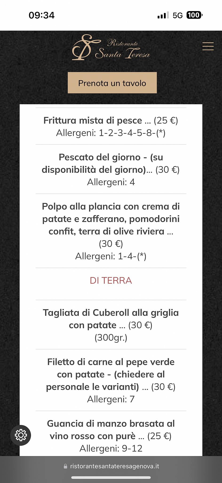 Menu di Ristorante Santa Teresa 