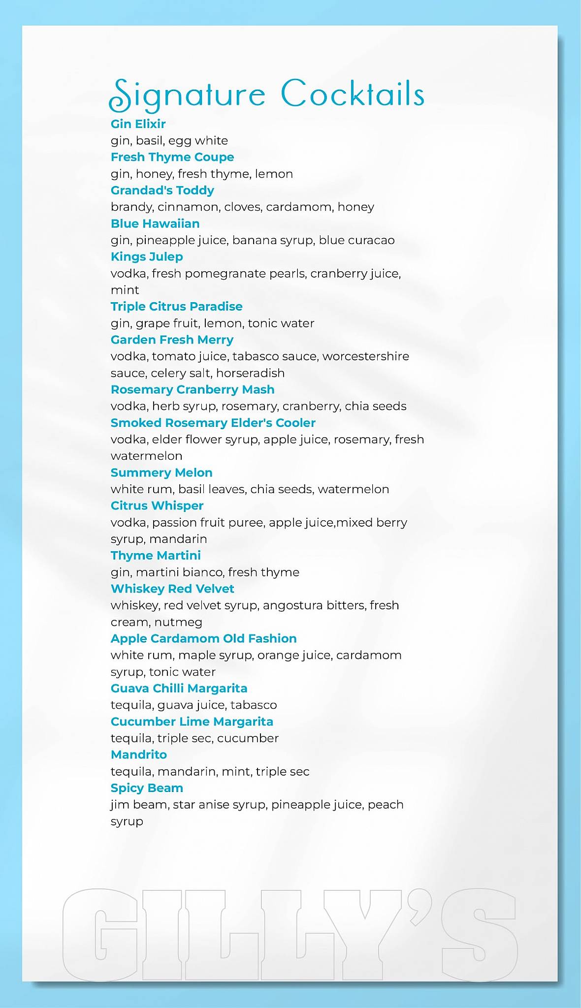 Gillys Restobar menu