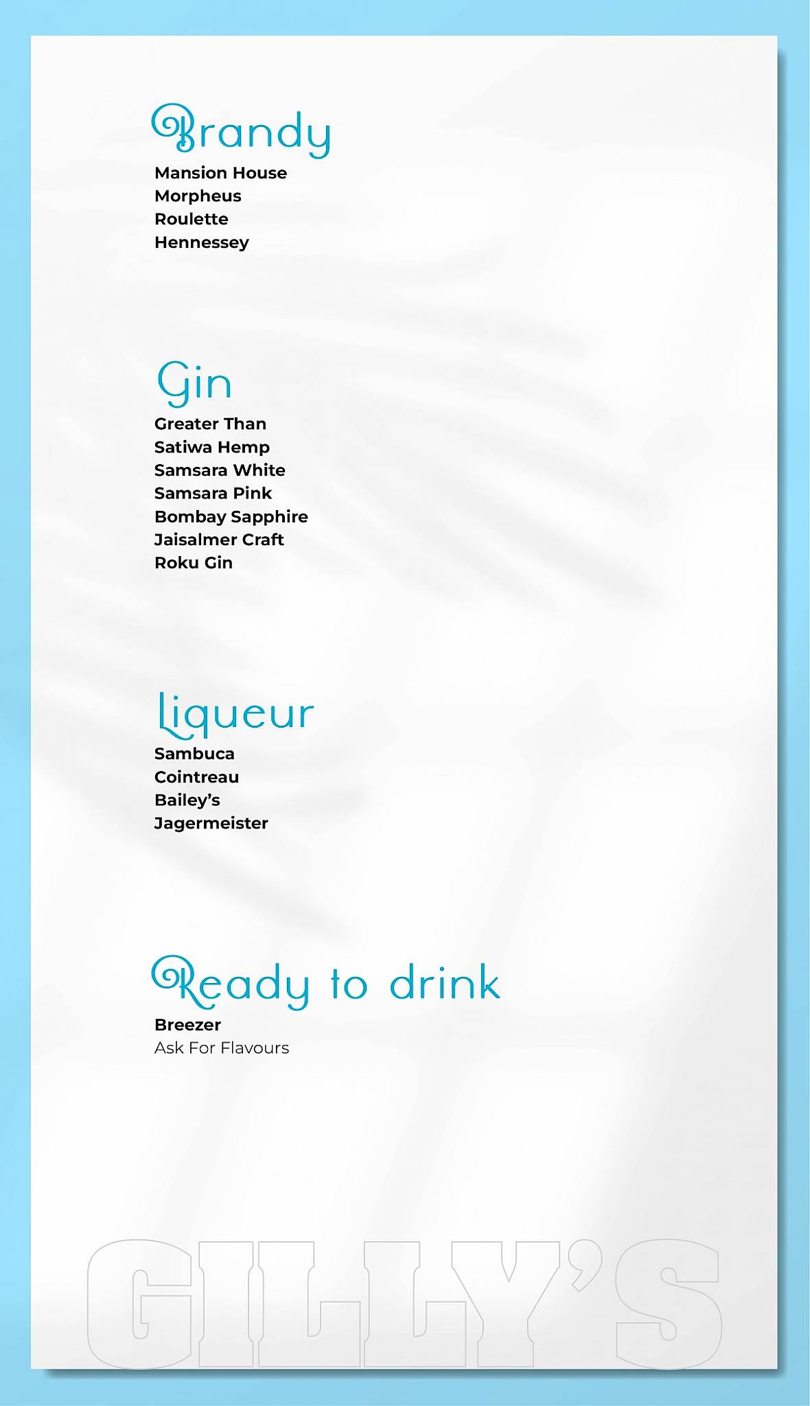 Gillys Restobar menu