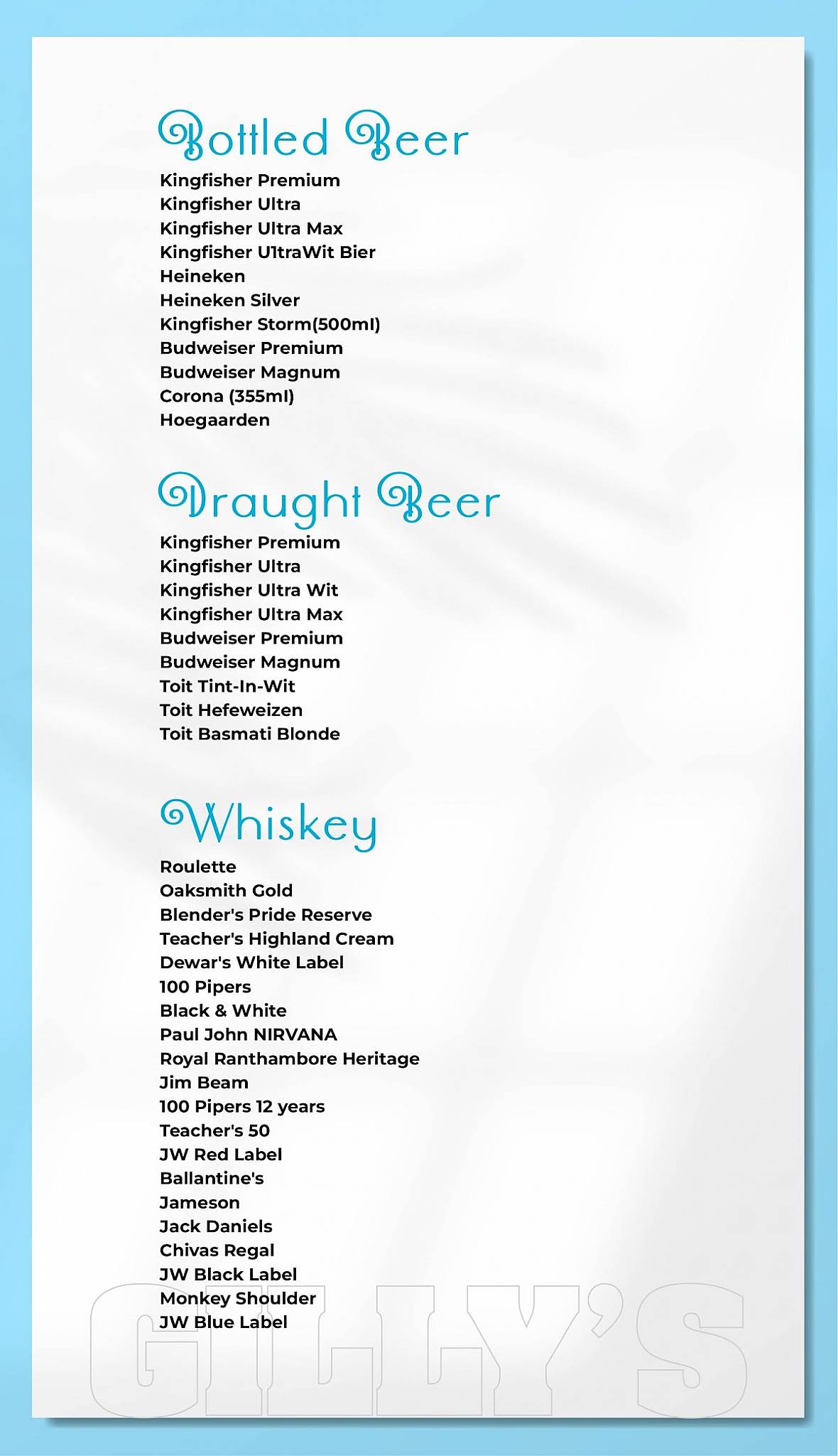 Gillys Restobar menu