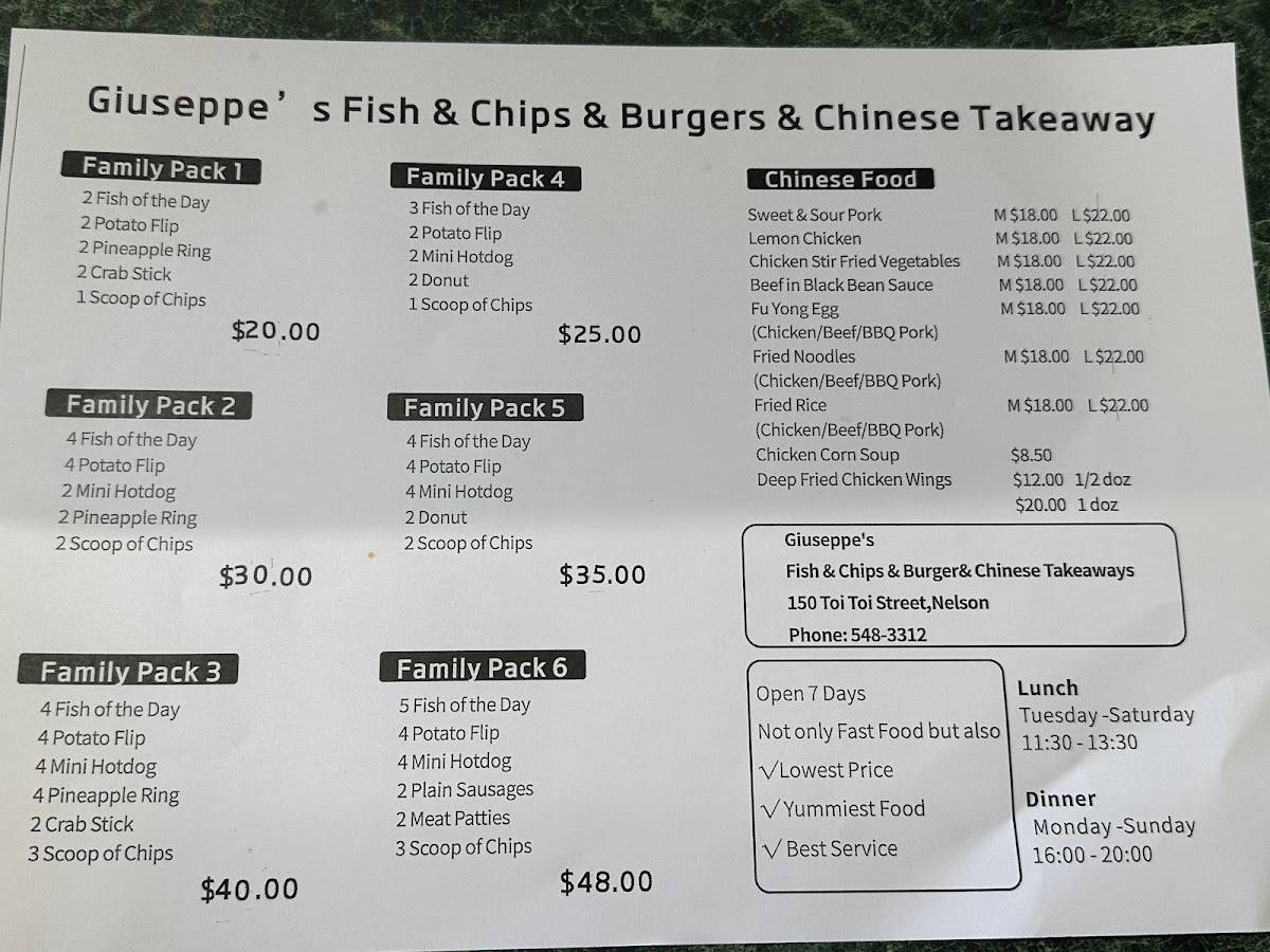 Menu at Giuseppes Fish & Chips & Burgers restaurant, Nelson
