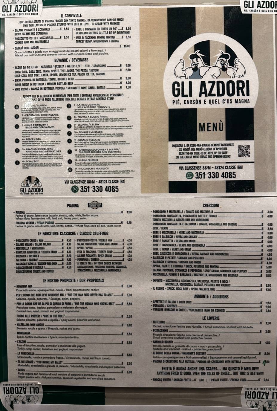 Menu di Gli Azdori piadine e crescioni 