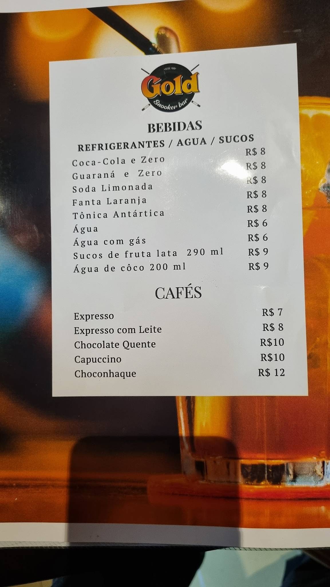 Gold Snooker Bar | Café cardápio
