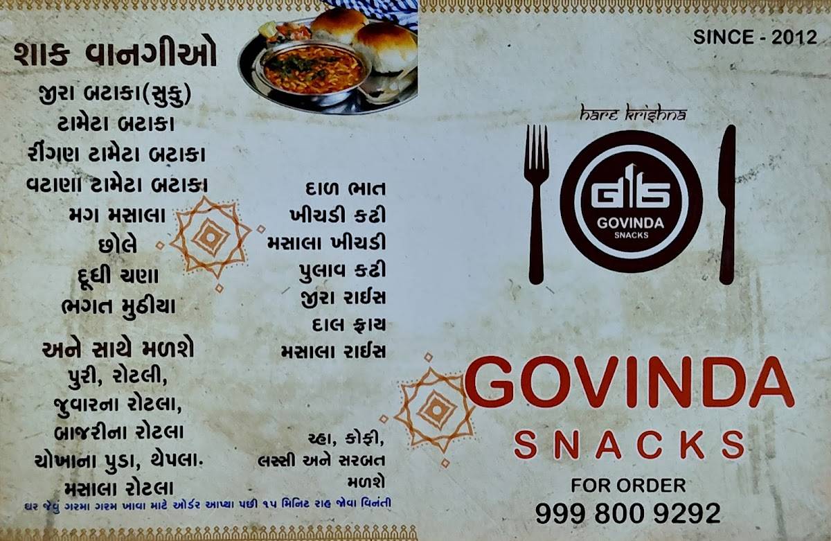 Govinda Snacks menu
