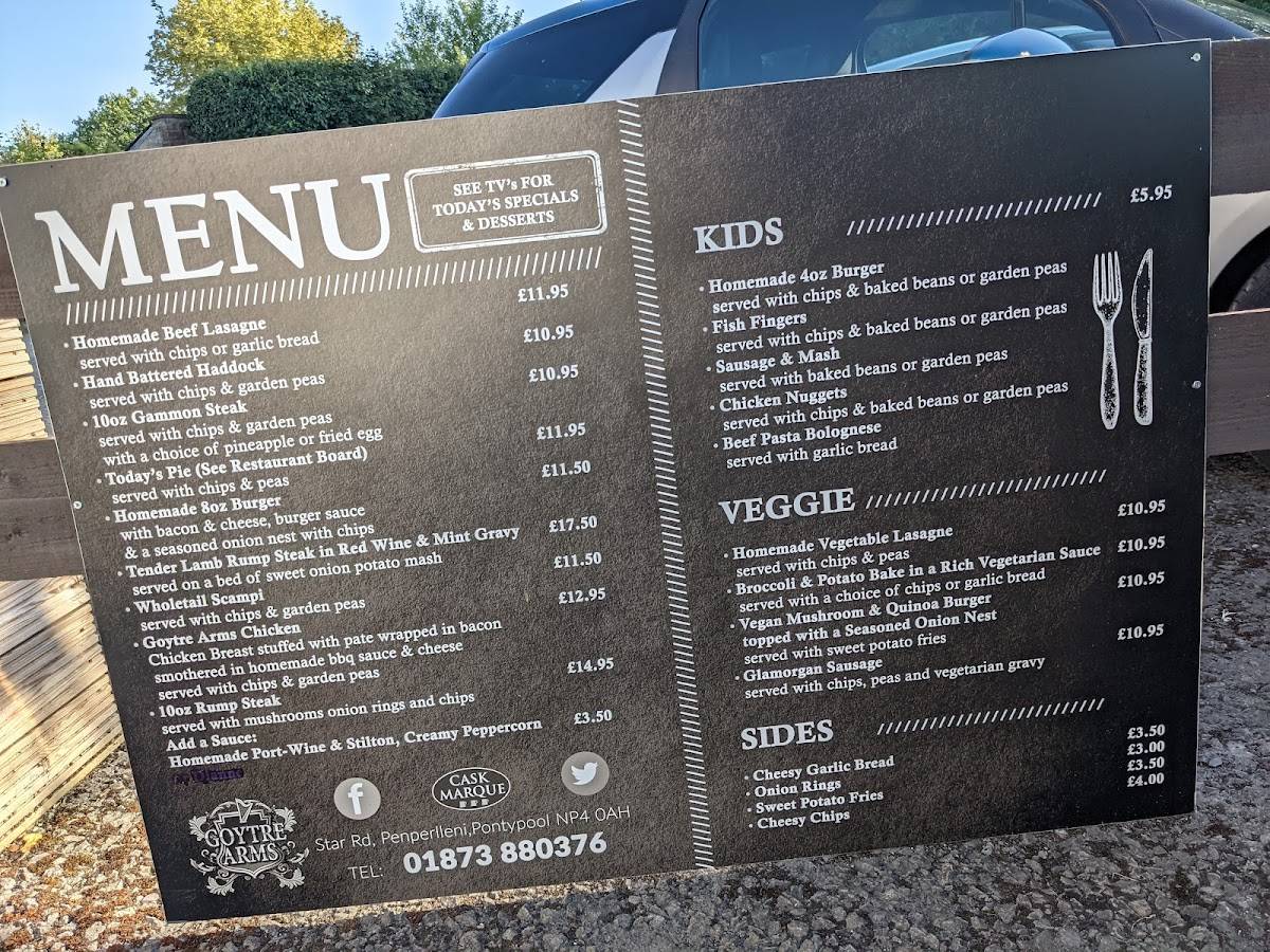 Menu at Goytre Arms pub & bar, Pontypool