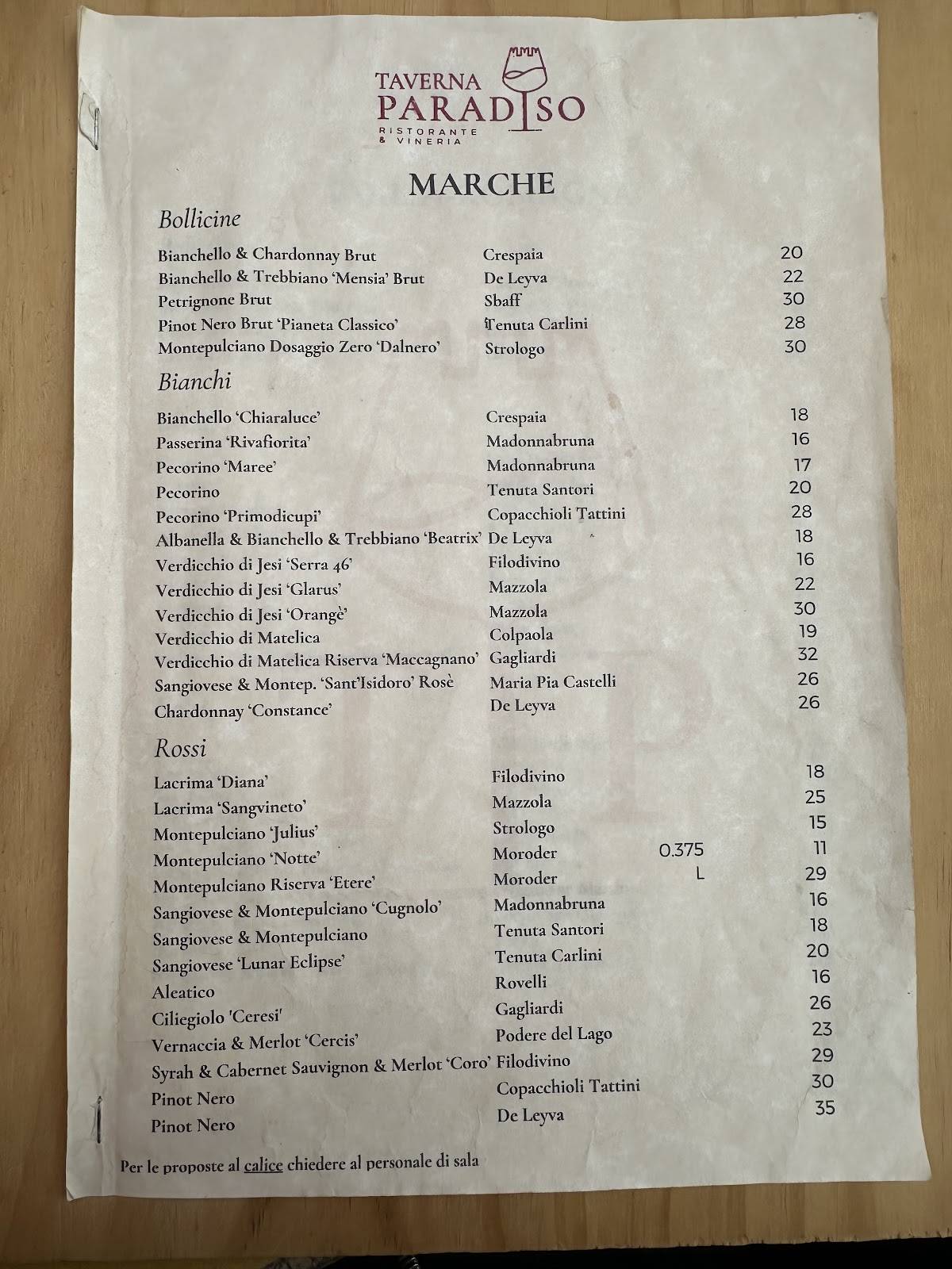 Menu di Taverna Paradiso 