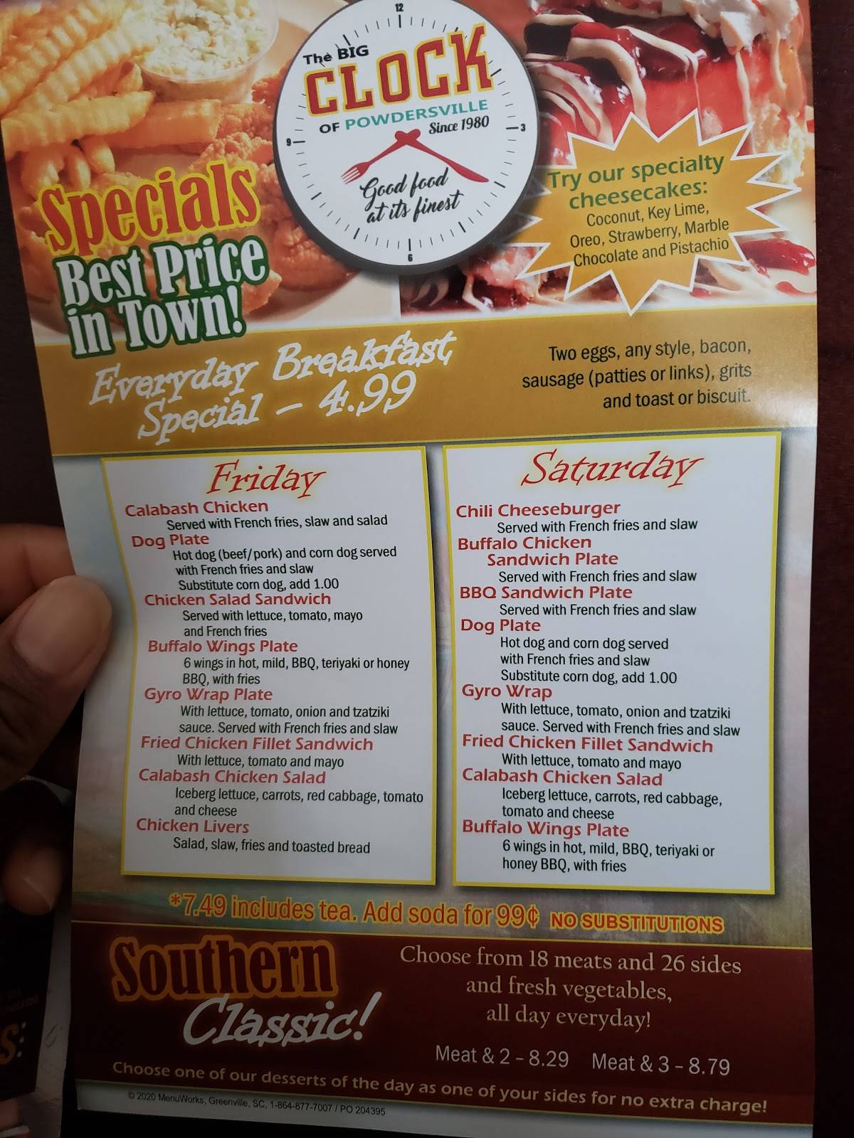 Menu at The BIG Clock of Powdersville restaurant, Greenville, SC153