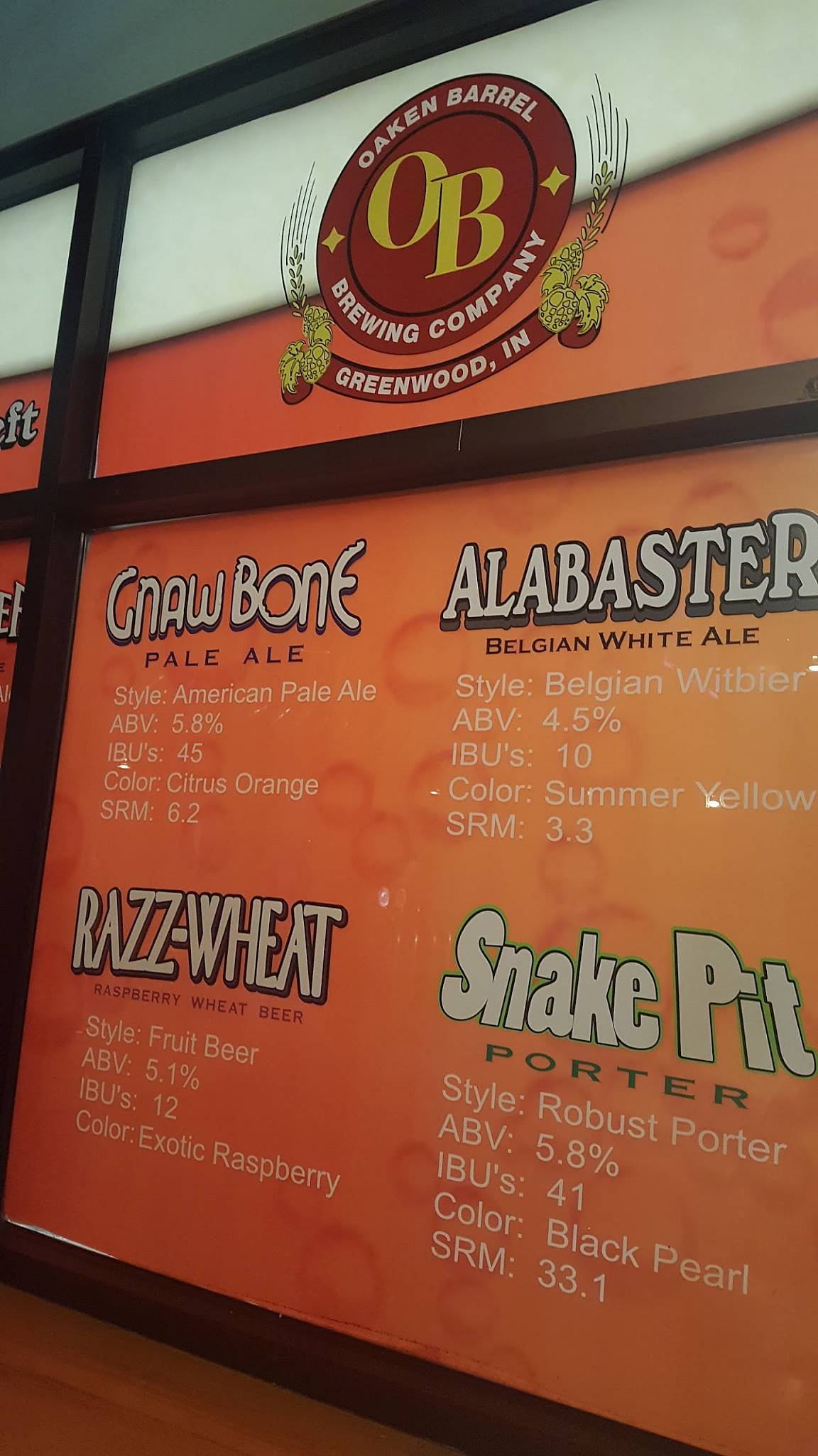 Menu at Oaken Barrel Brewing Company, Greenwood
