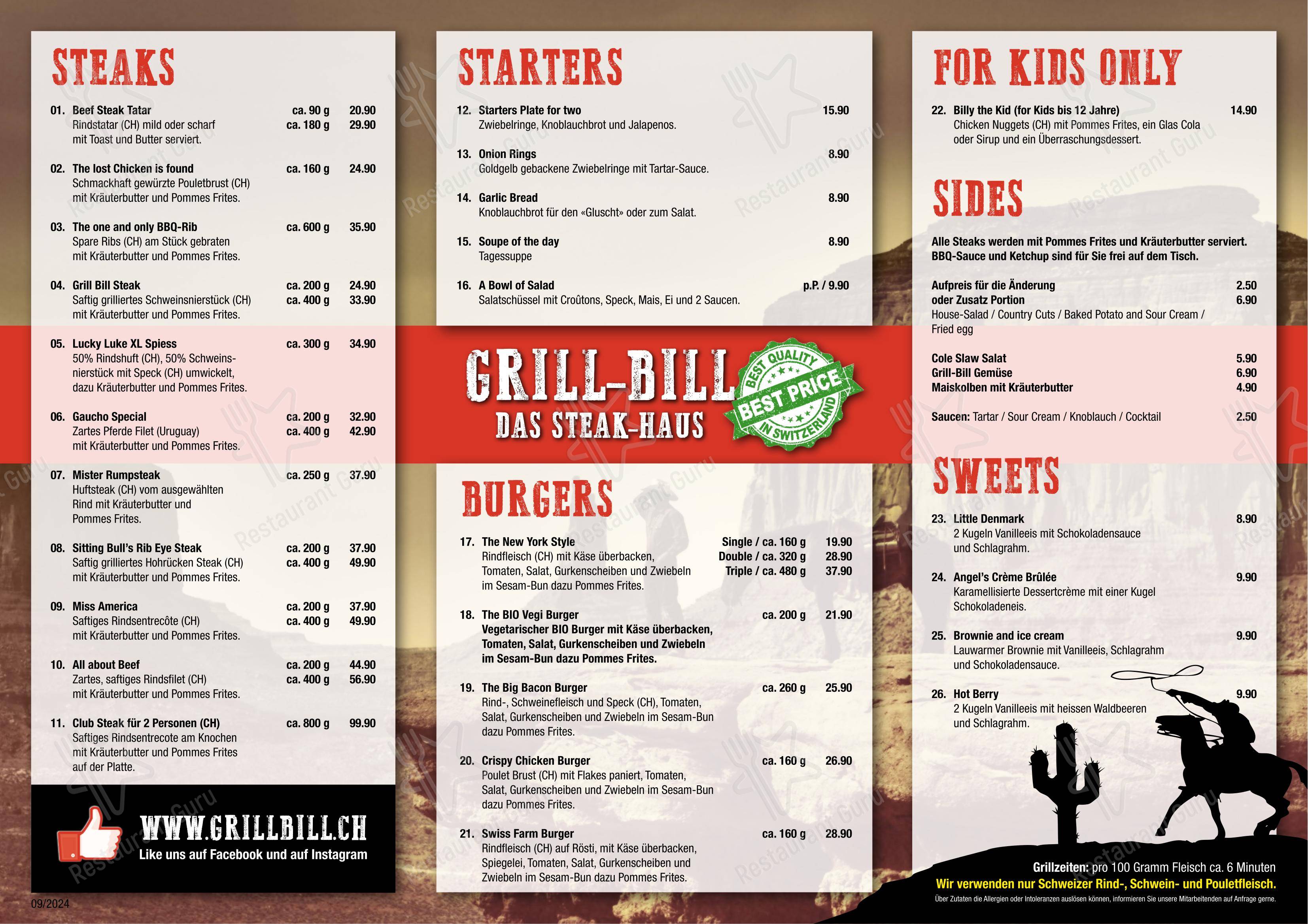 Menu per Grill Bill steakhouse