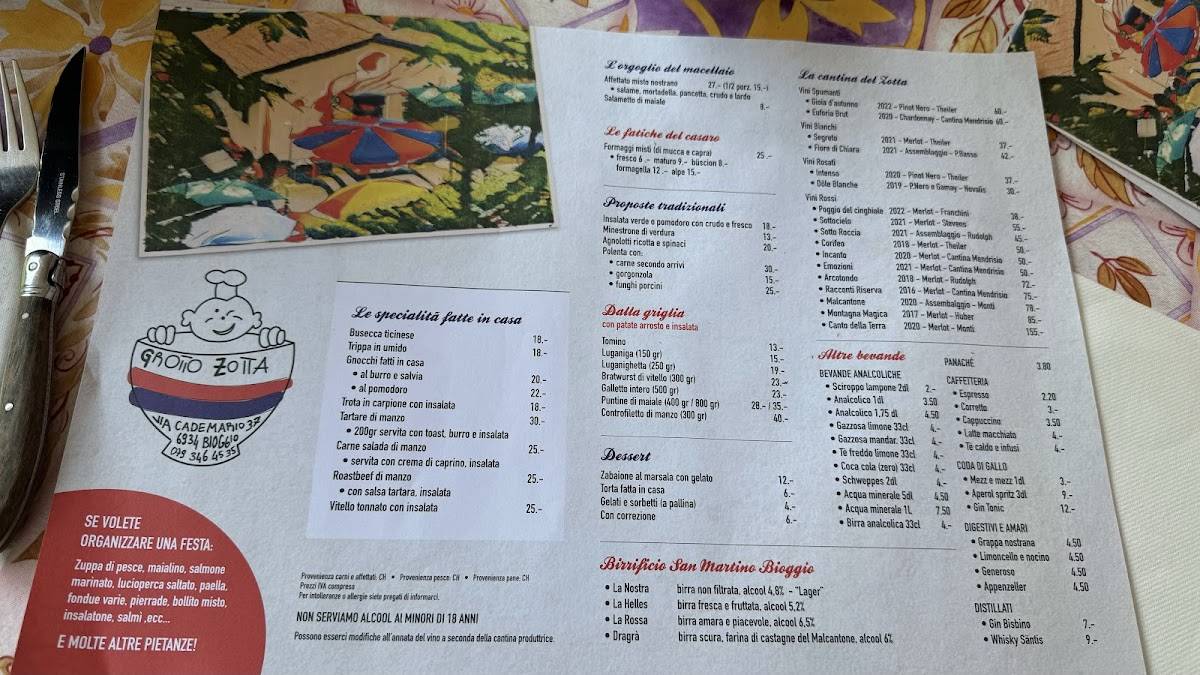 Menu di Grotto Zotta 