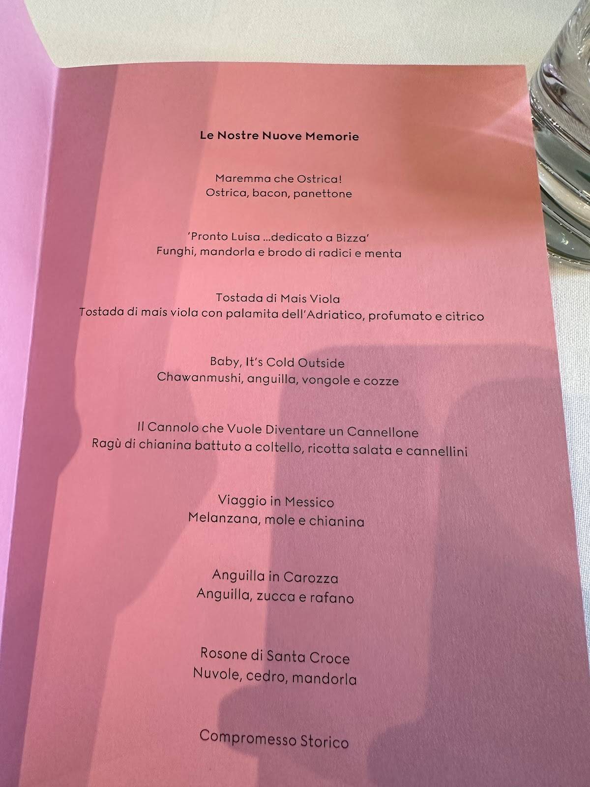 Menu da Gucci Osteria da Massimo Bottura ristorante Firenze