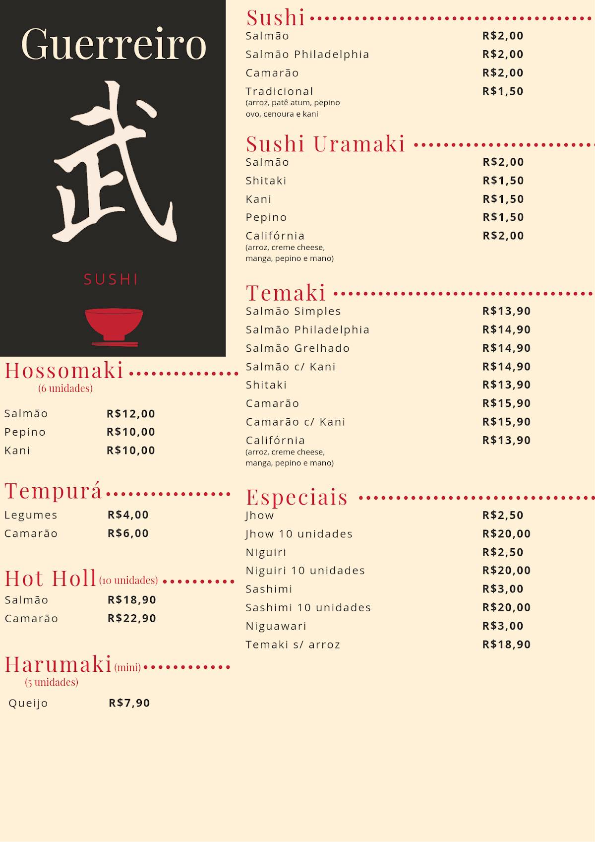 Guerreiro Sushi cardápio